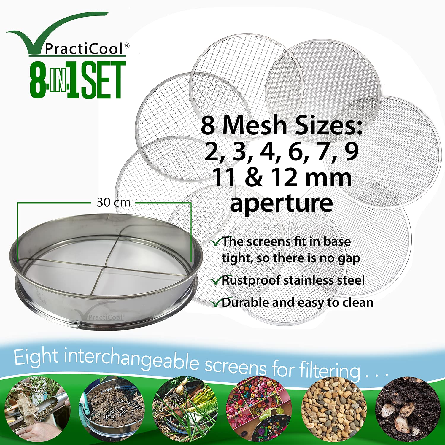 Practicool garden potting mix sieve - stainless steel riddle - soil sifting pan - with 8 interchangeable filter mesh sizes - 2,3,4,6,7,9,11,12 mm and