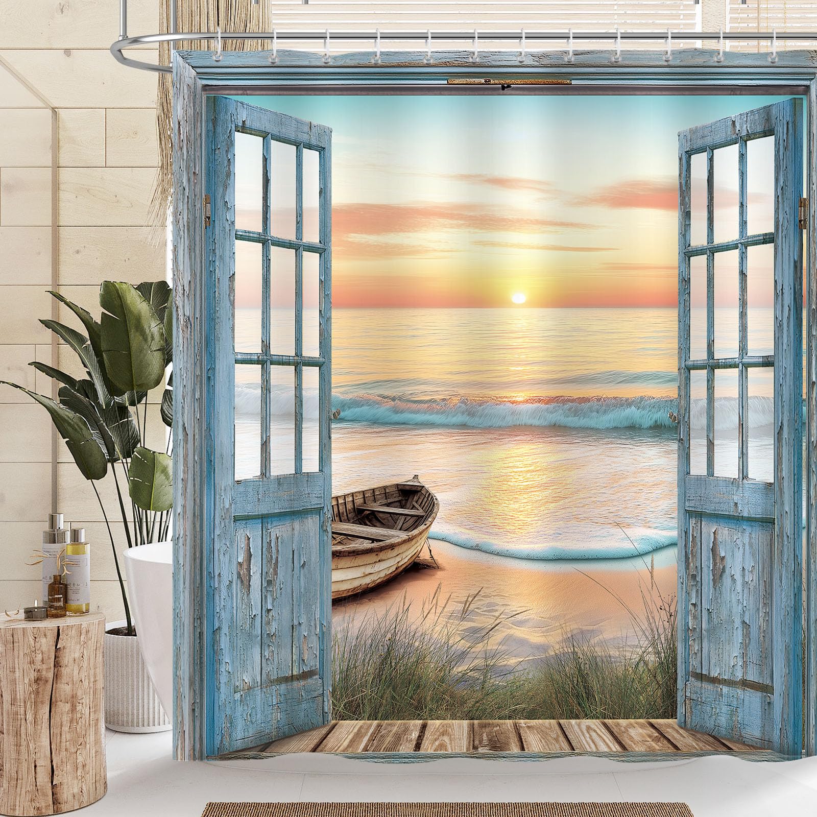Dazzlewall Ocean Beach Shower Curtain, Vintage Wooden Door Sunrise Sunset Coastal Scene Bathroom Curtain Waterproof 180x180cm, Mildew & Mould