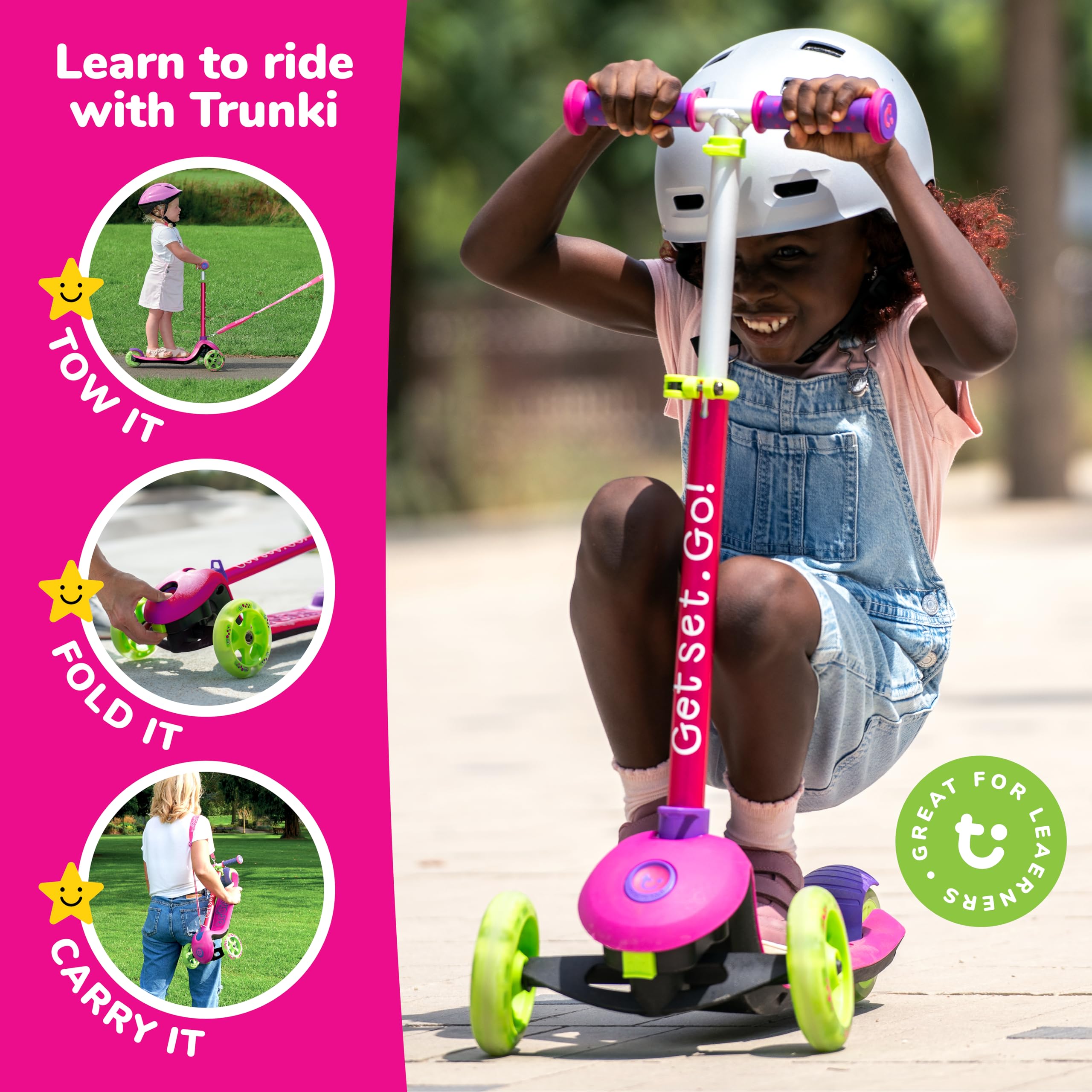 Trunki Folding 3 Wheel Kids Scooter for Girls with Tow and Carry Strap and Storage bag | Adjustable Handle Bar Height | Small Pink Scooter for Kids