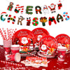 GWHOLE 122 PCS Christmas Paper Plates Holiday Tableware Dinner Set Include Plates Napkins Cups Straws Banners PVC Tablecloth for Xmas Table