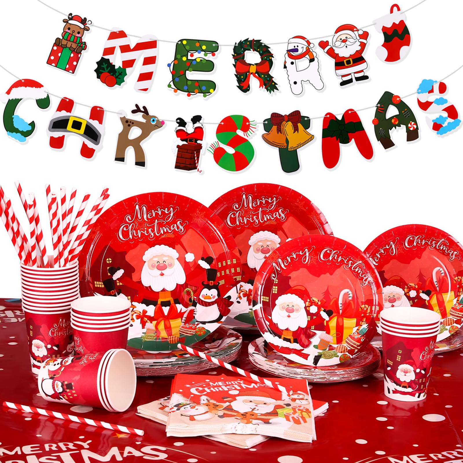 GWHOLE 122 PCS Christmas Paper Plates Holiday Tableware Dinner Set Include Plates Napkins Cups Straws Banners PVC Tablecloth for Xmas Table