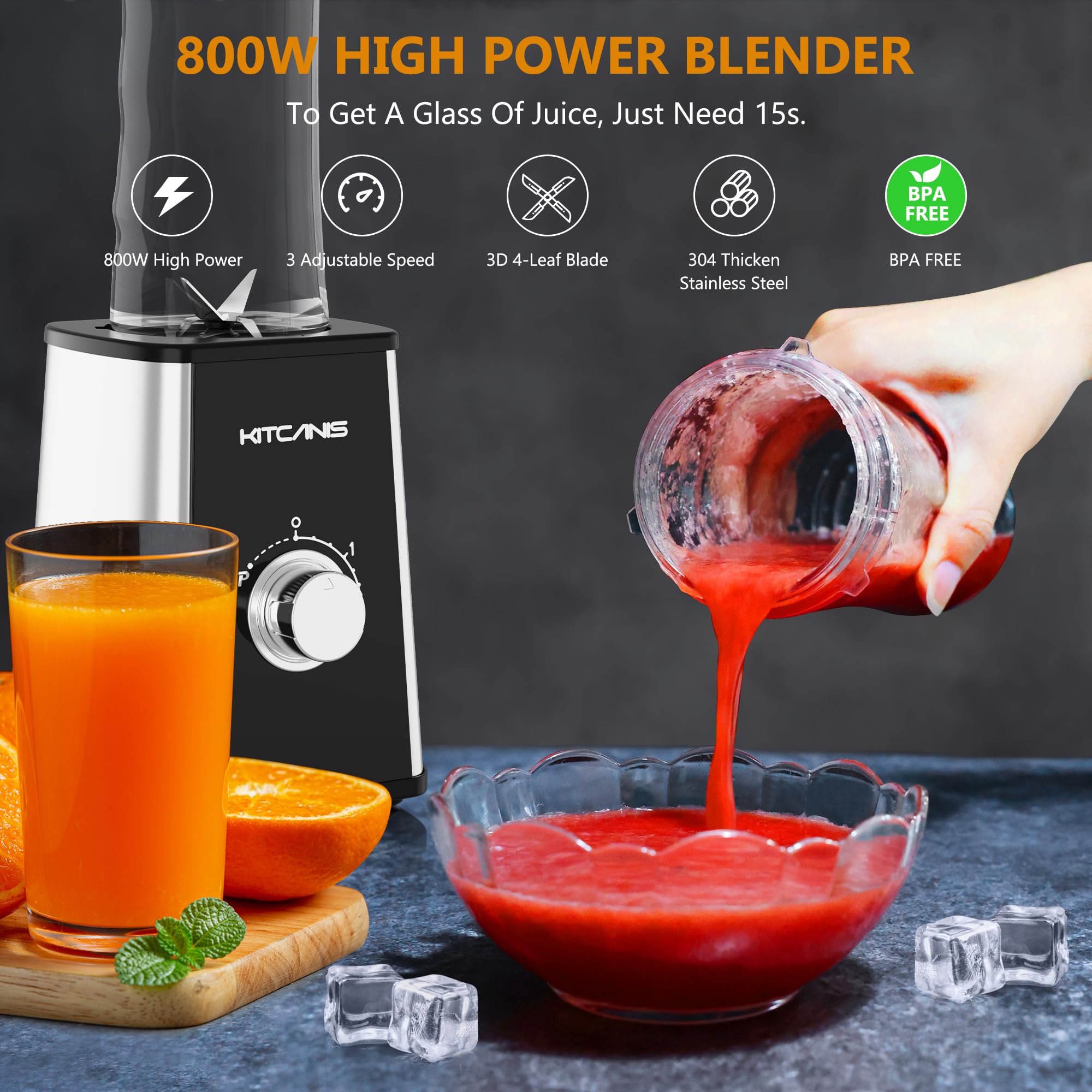 KITCANIS Mixer Smoothie Maker 800W, 3 in 1 Multifunctional Smoothie Blender with 3 Adjustable Speeds, 600ML Portable Bottle and 300ML Grinding Cup for