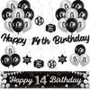 14th Birthday Decorations for Boys Girls - Black Silver Happy 14th Birthday Yard Garland and Banner, Glitter Hanging Swirls Decor and Latex Balloons