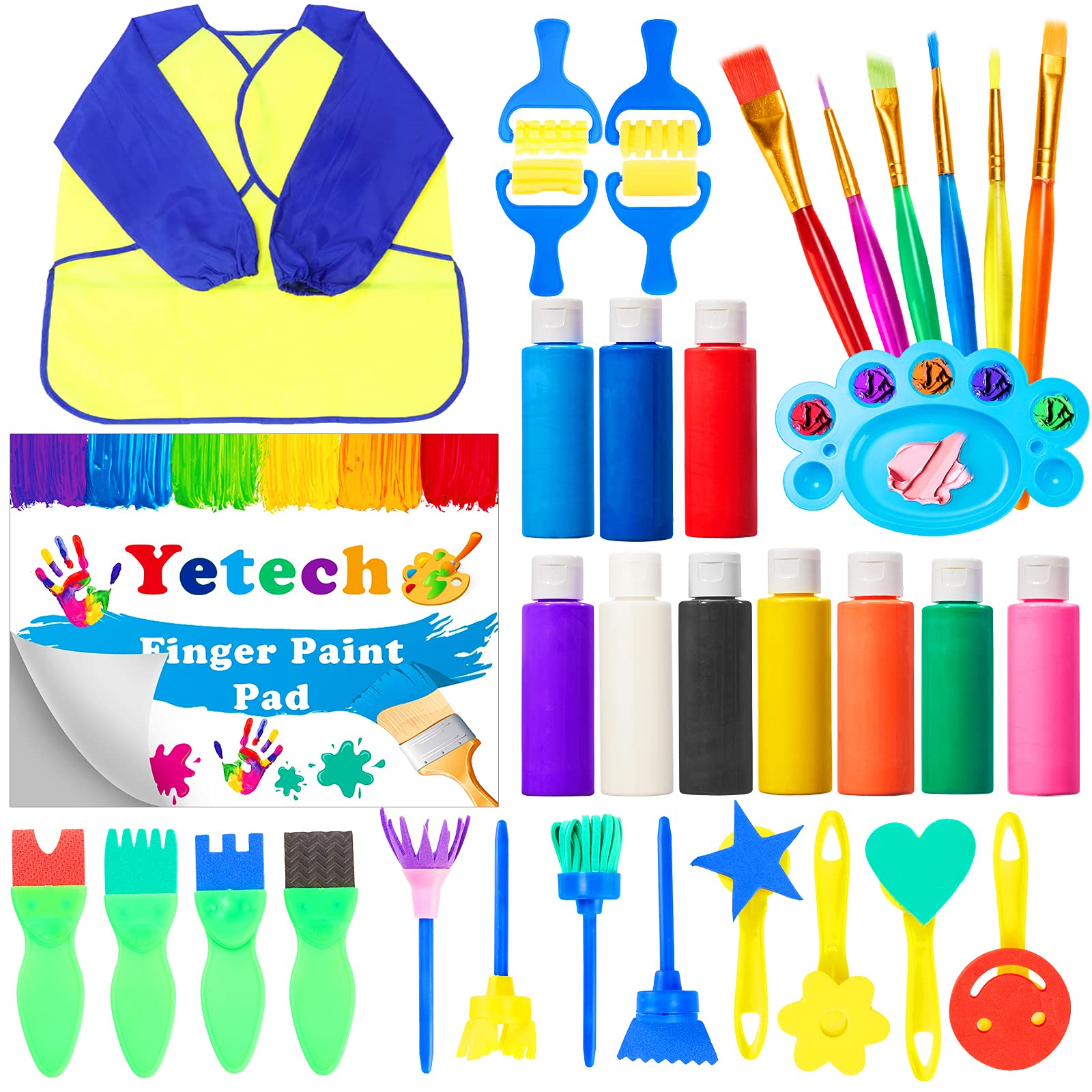 Yetech Kids Washable Finger Paints Set with 10 colors Non-Toxic Pigment(60ml), Waterproof Apron, Brushes, Finger Paint Pad, Toddlers Kids Painting Set