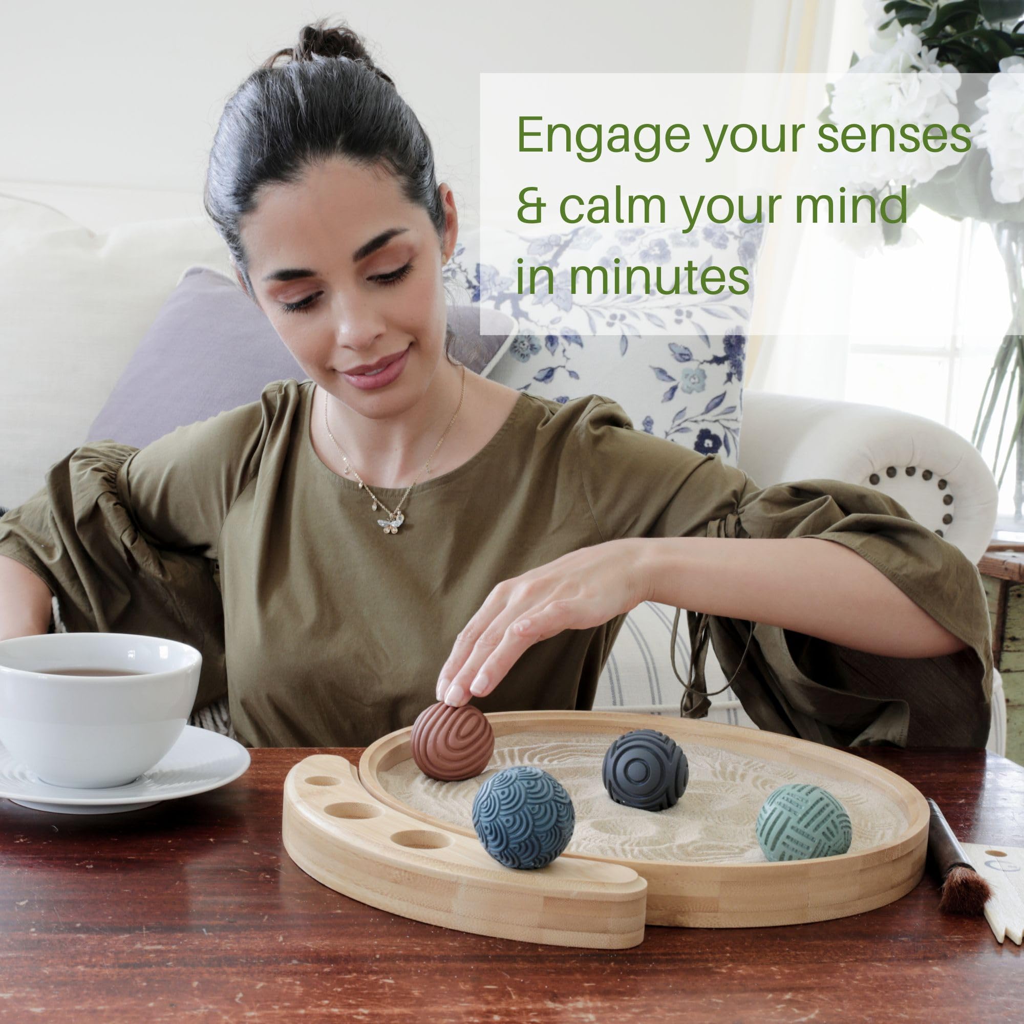 ENSO - Japanese Zen Garden Kit for Desk - Sand Garden Tools and Accessories Box Set for Office Desktop - 12? Large Round Bamboo Tray, 4 Stamp Spheres,