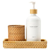MaisoNovo Rattan Bathroom Set - White Countertop Dispenser, Toothbrush Holder & Toothpaste Cup with Tray - Set of 3 - Rattan Bathroom Vanity Trays