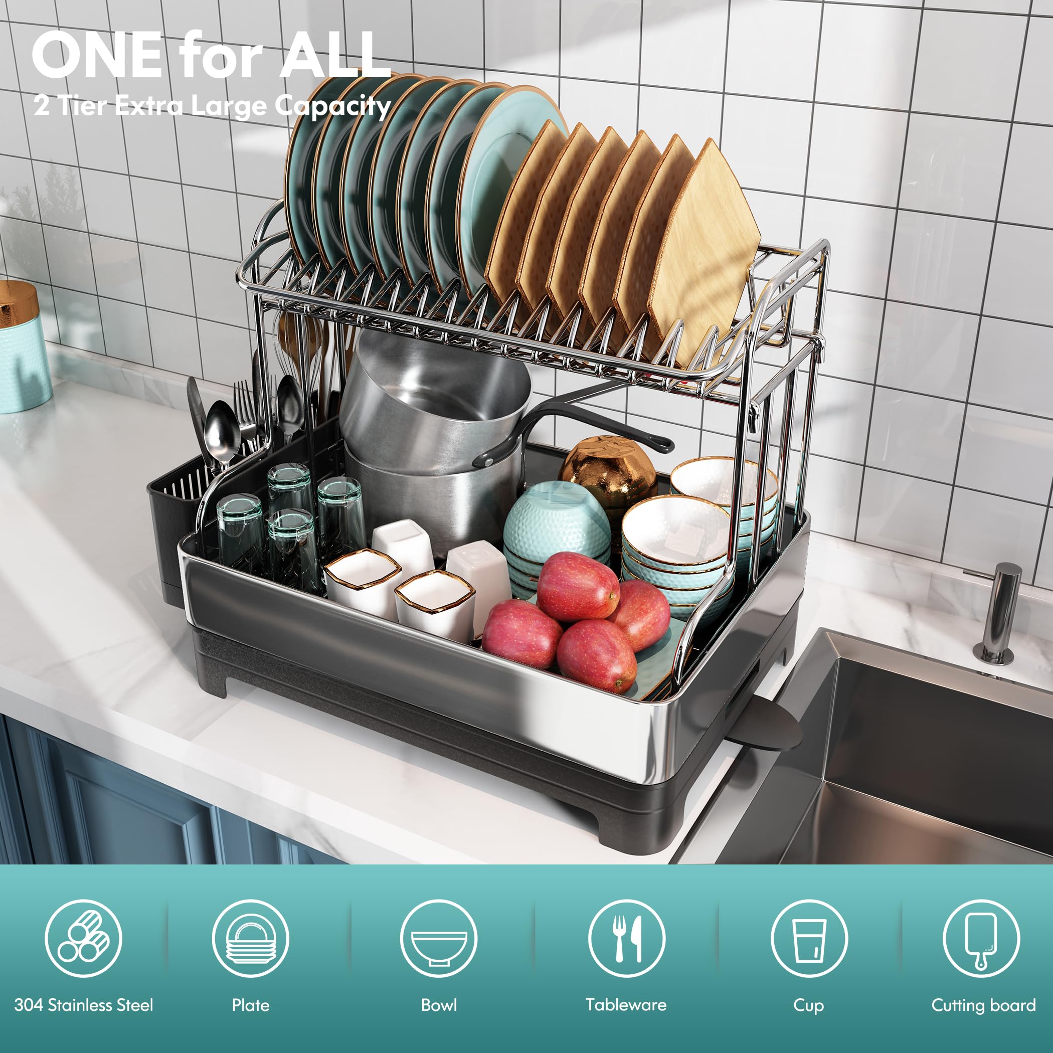 romision 2 Tier Dish Drying Rack, Large Dish Rack with 360 Swivel Spout, 304 Stainless Steel Dish Drainer Rack, Draining Board Rack for Kitchen