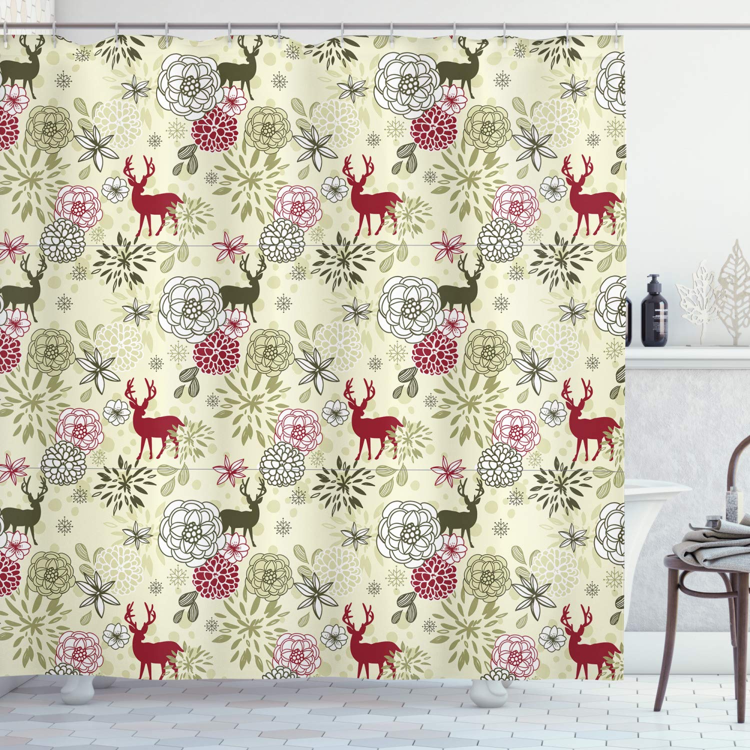 ABAKUHAUS Winter Shower Curtain, Deer Silhouettes with Blossoming Flowers Abstract Christmas Nature, Cloth Fabric Bathroom Decor Set with Hooks, 175 x