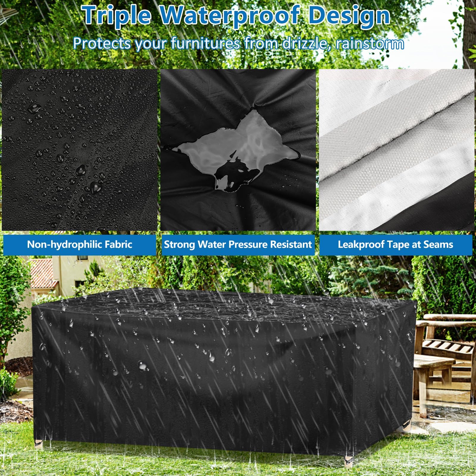 Wanocean Garden Furniture set Covers, Outdoor Patio Furniture Cover Waterproof 420D Oxford Anti-UV Tear-Resistant Rectangular Rattan Furniture Covers