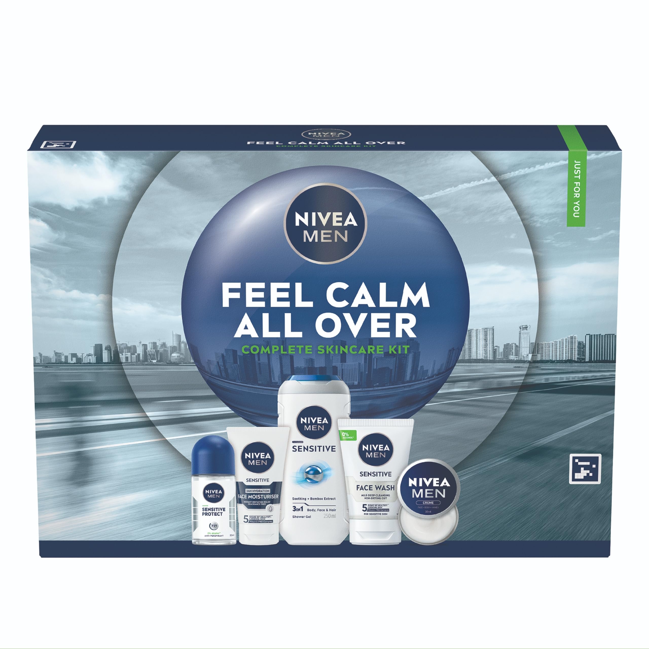 NIVEA MEN Feel Calm All Over Skincare Gift Set (5 Products) - Men Gift Set for Sensitive Skin - Includes Shower Gel, Face Wash, Face Moisturiser,