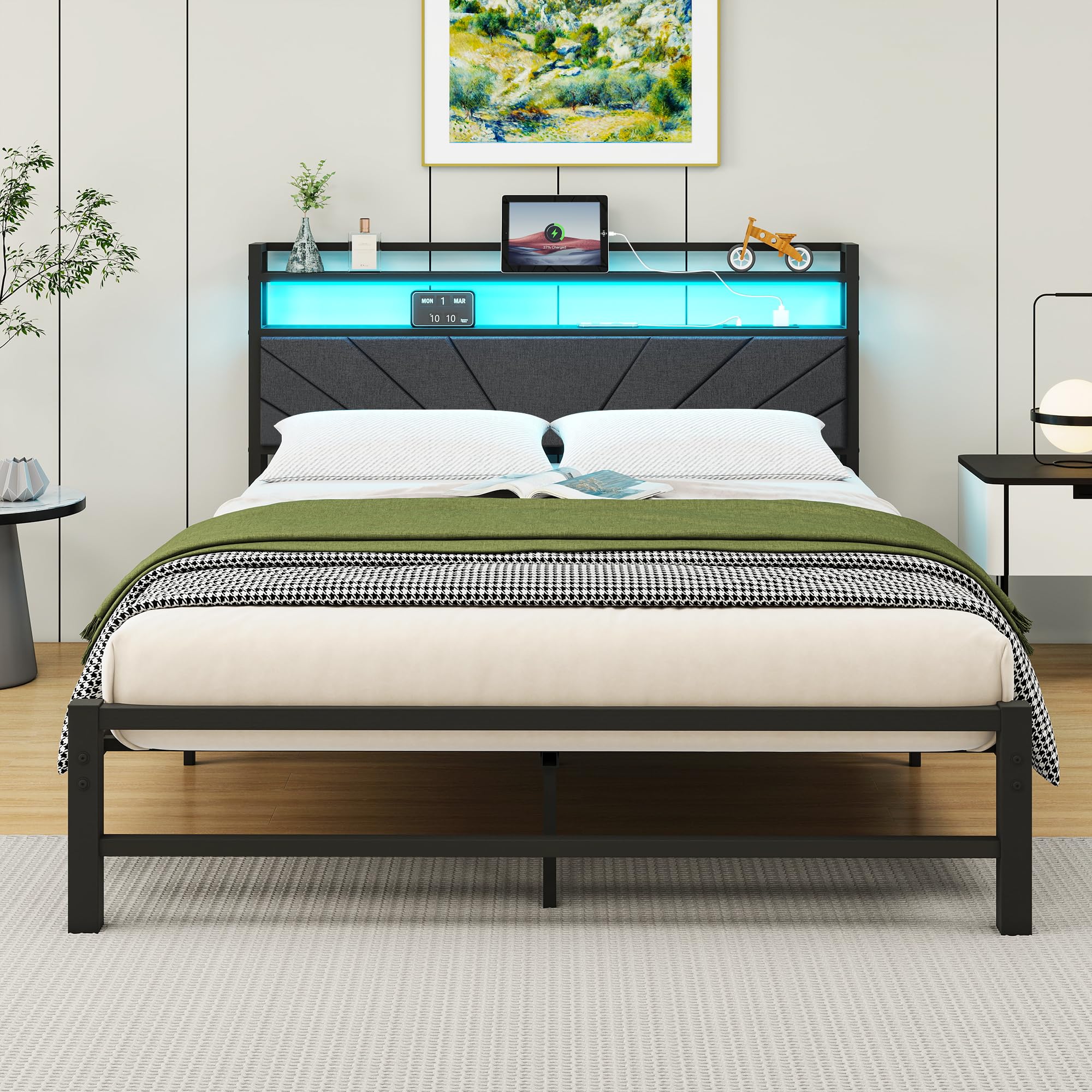 HOMERECOMMEND King Bed Frames with Upholstered Storage Shelf and LED Lights,Upholstered Bed Frame Double Size,Mattress Foundation/Strong Steel Slat