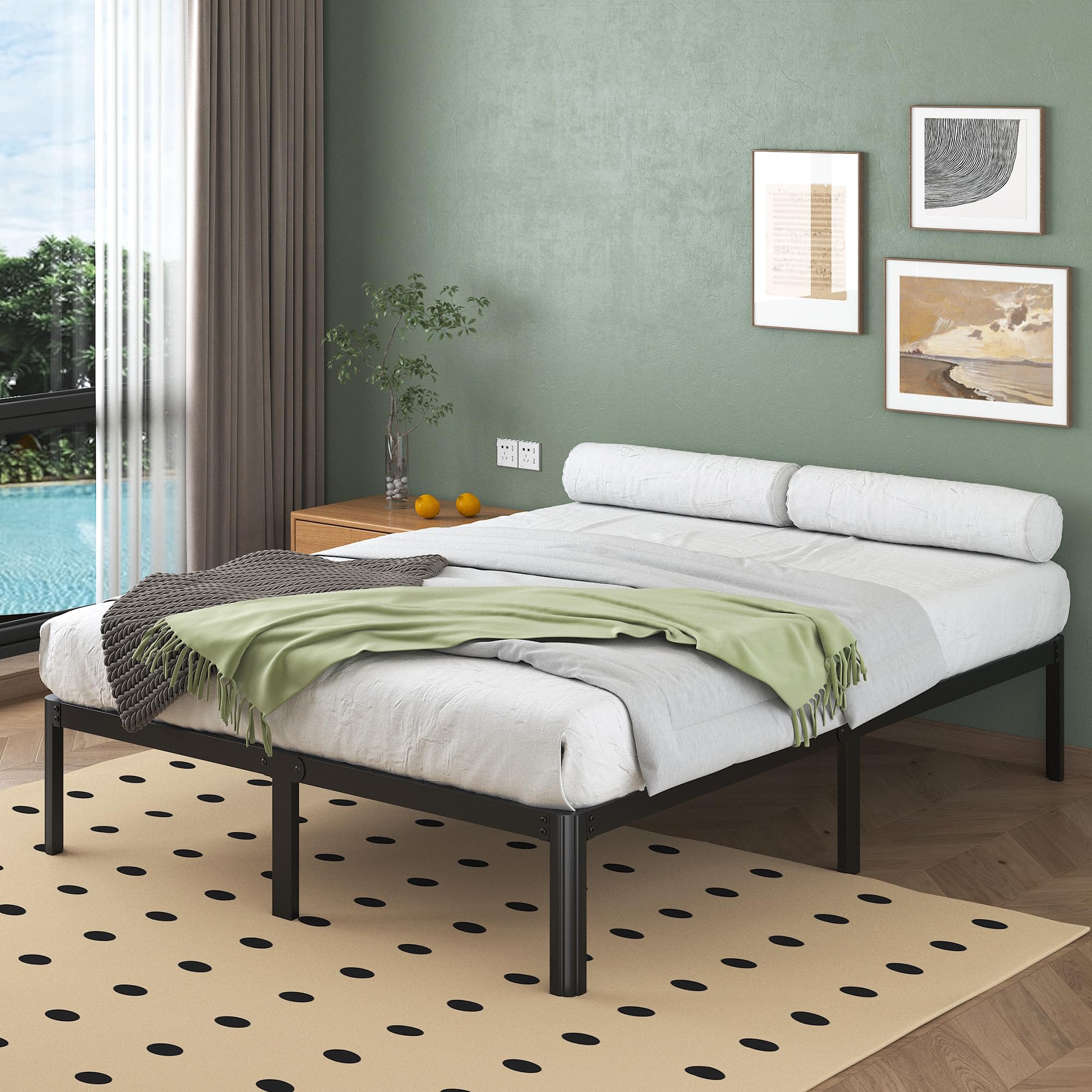 Lutown-Teen King Size Bed Frame 150 x 190 cm with Rounded Corners, 30.5 cm High Heavy Duty Metal Bed Frames 150x190 with Steel Slats, Storage Space