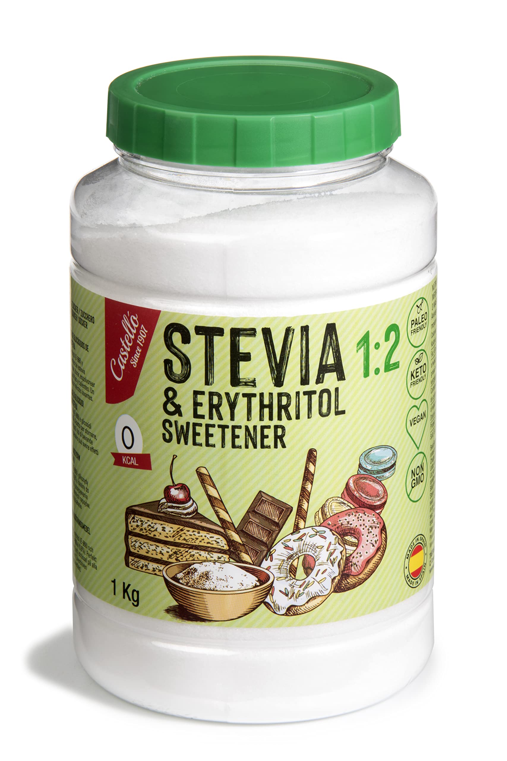 Castello since 1907 Stevia + Erythritol 1:2 Sweetener | 1g = 2g of sugar | 100% Natural taste Sugar Substitute - 0 Calories - 0 Glycemic Index - Keto