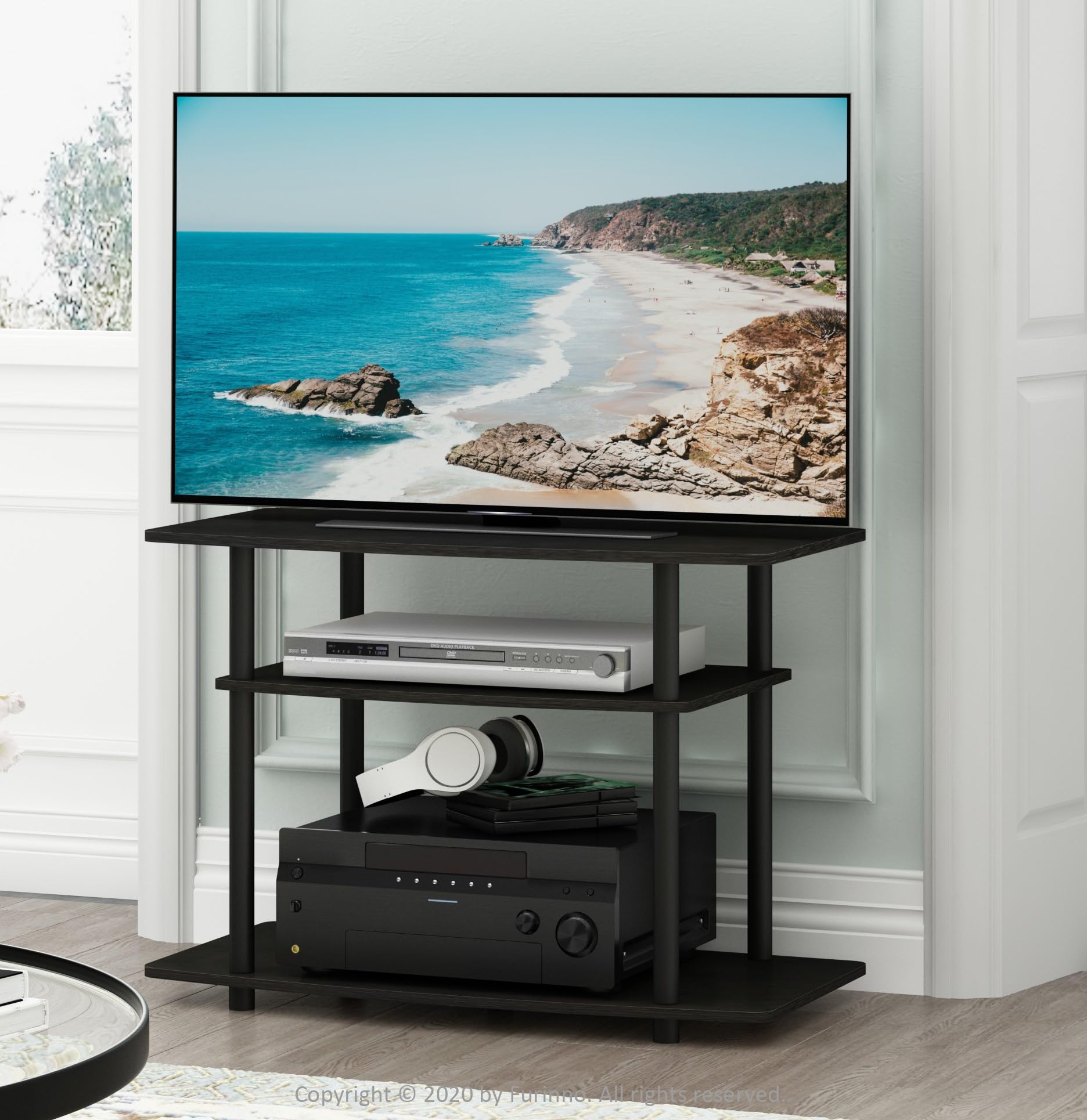 Furinno No Tools 3-Tier Entertainment Center Stand, TV Stands, TV Unit, TV Shelf, Espresso/Black