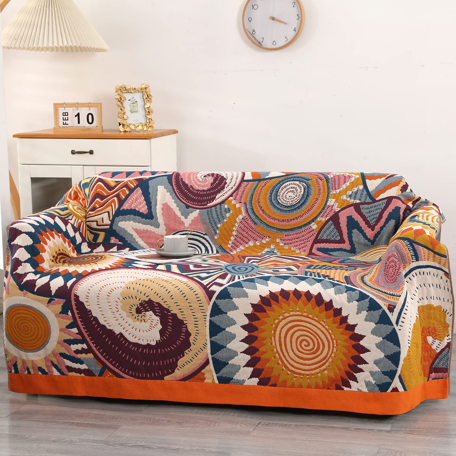 DECMAY Throws for Sofas Large, Boho Throw Blankets for 2 3 4 Seater Sofas and Double Bed Armchair Couch, Cotton Weighted Soft Furniture Throws(Ethnic