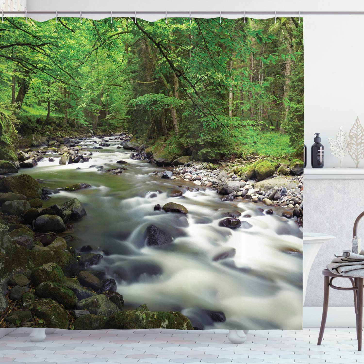 ABAKUHAUS Forest Shower Curtain, Rushing Riverbed with Rocks Trees Mountain Branches Shrubs Nature Scenery, Cloth Fabric Bathroom Decor Set with