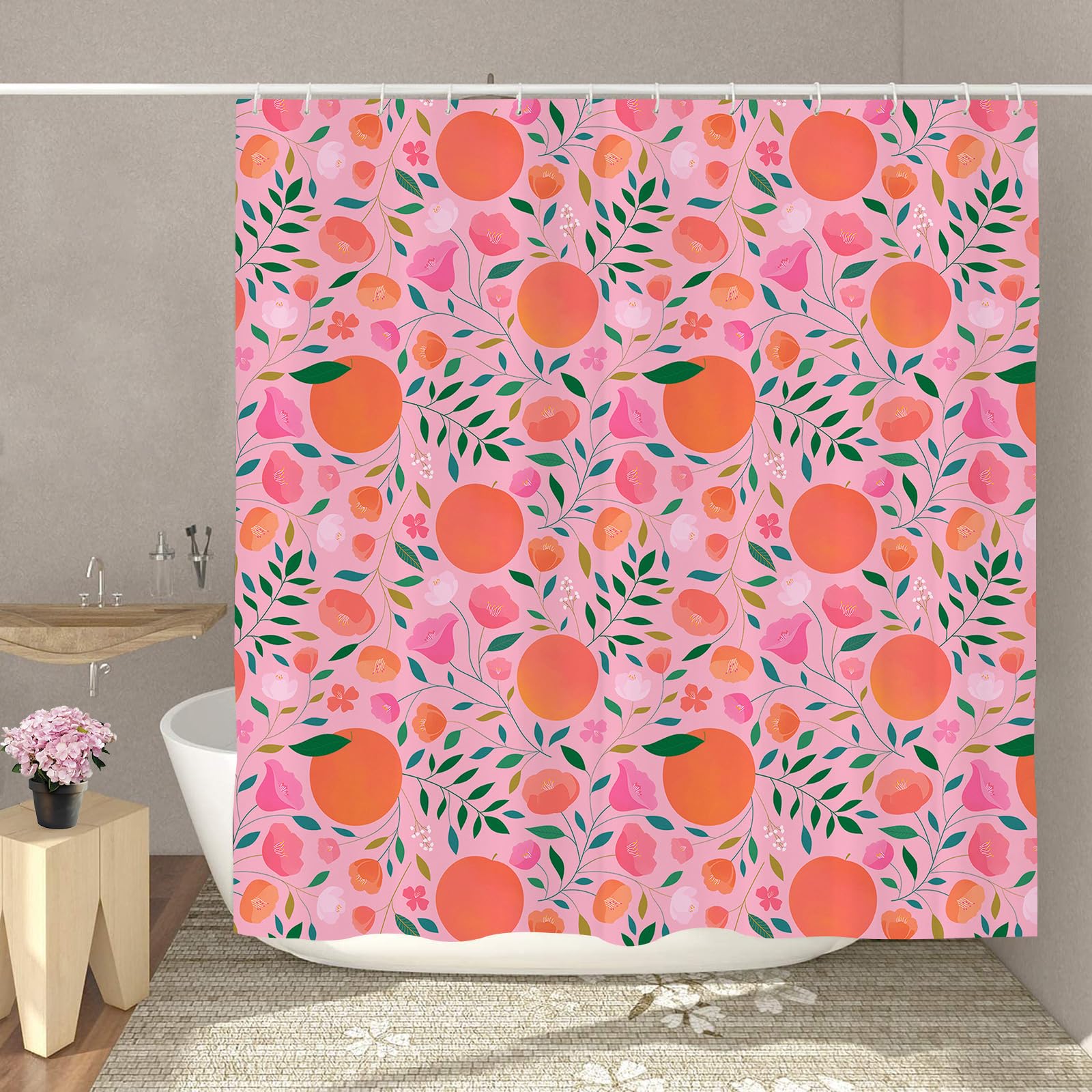GOOESING Orange Shower Curtain Fruit Citrus Green Leaves Shower Curtain Orange Pink Bathroom Curtain with Hooks Bathroom Decor Washable Durable