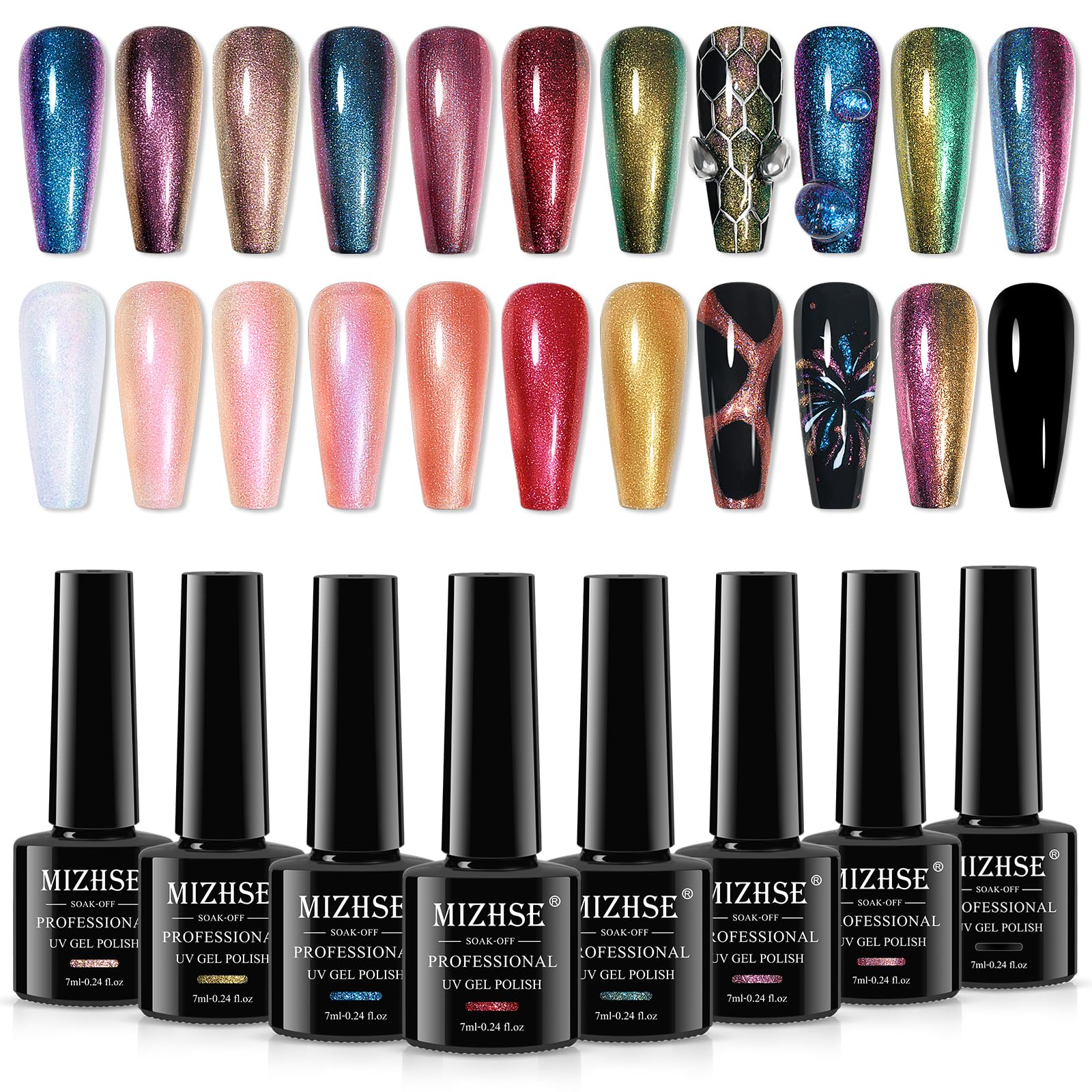 MIZHSE 8 Colors Chameleon Gel Nail Polish Glitter Gel Polish Set, Shimmer Iridescent Color Blue Green Purple Shiny Nail Gel Soak Off Nail Art Salon