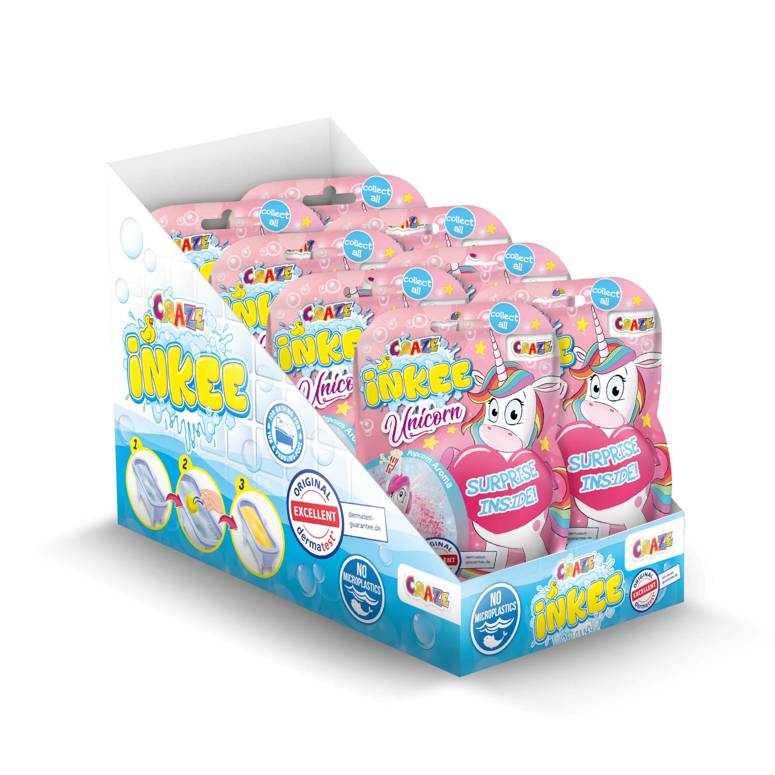 INKEE Kids Bath Bomb Set ? 8 x 100g Unicorn Bath Bombs with Popcorn Fragrance and Surprise Bath Toys ? Bath Time Fun for Children Age 3+, Suitable