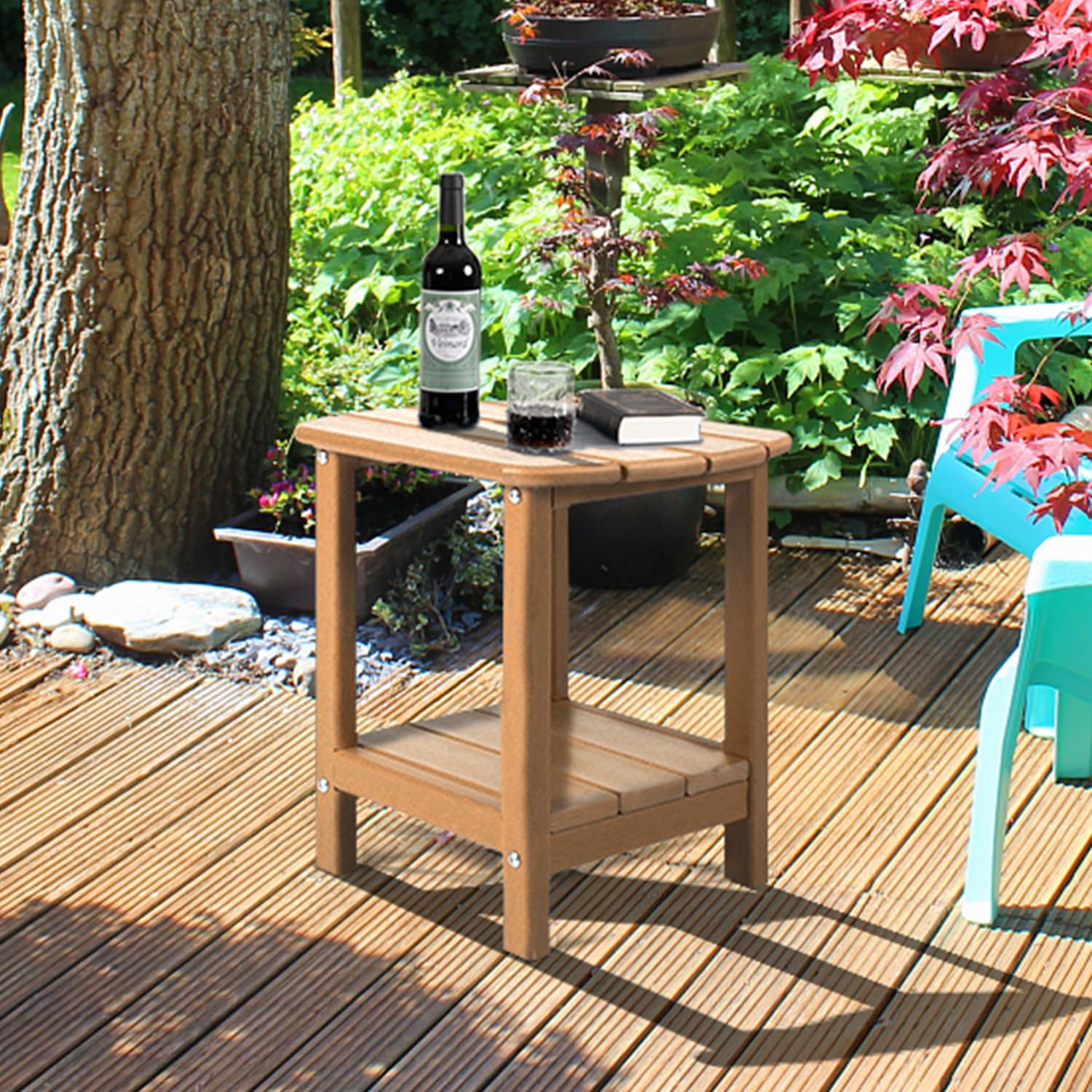 NALONE Adirondack Side Table 16.5" Outdoor Side Table HDPE Plastic Double Adirondack End Desk for Patio (Brown)