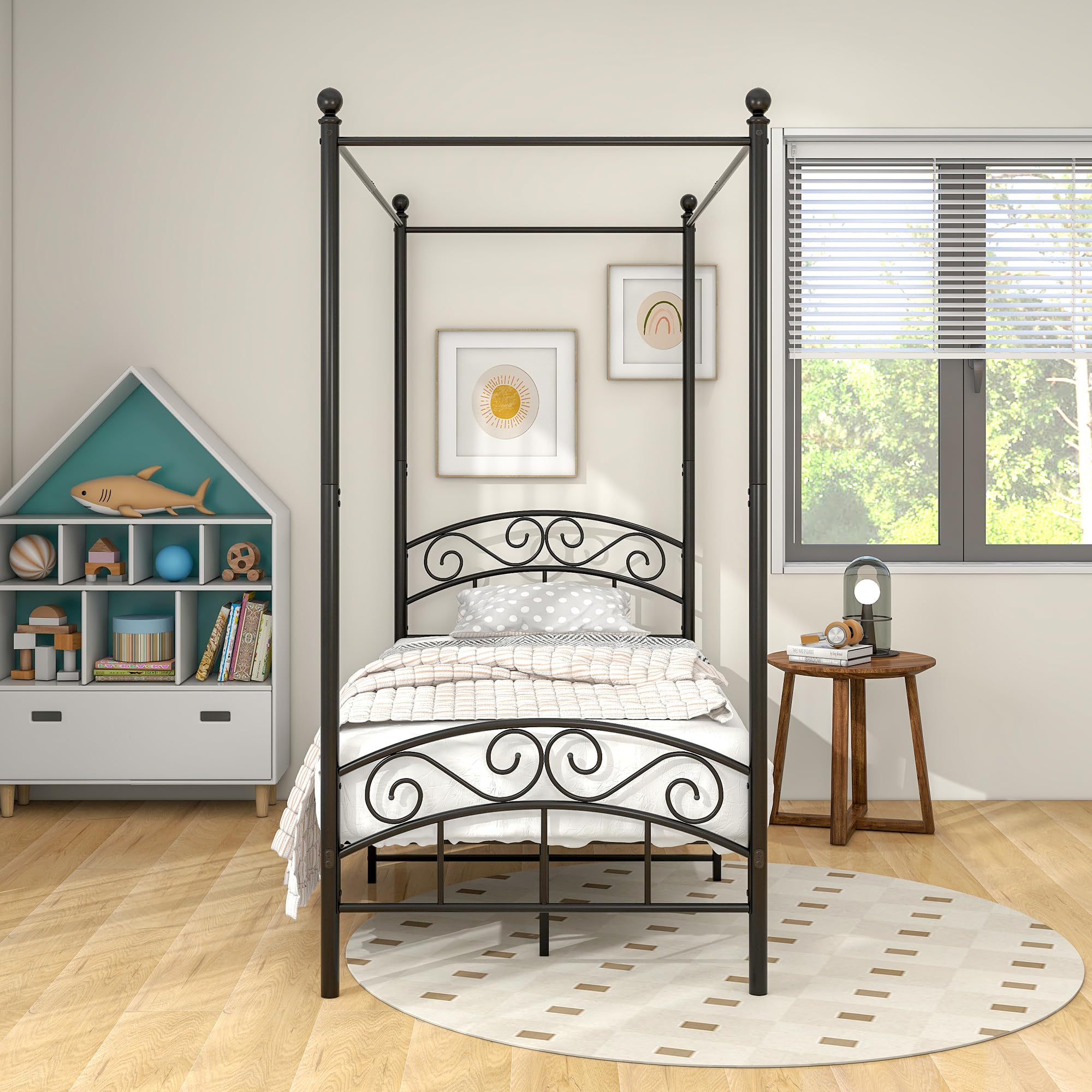 JURMERRY Canopy Bed Frame 3ft Single Size with Ornate European Style Headboard & Footboard Sturdy Steel Perfectly Fits Your Mattress Easy DIY Assembly