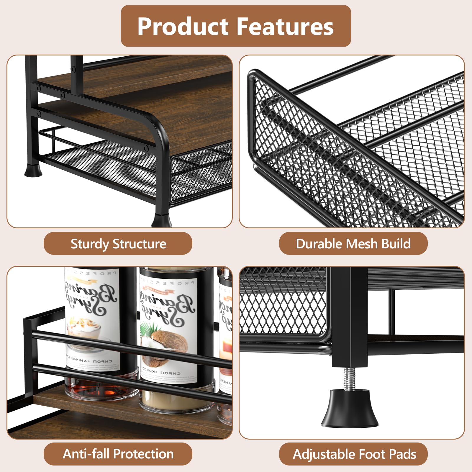 Coffee Syrup Organizer, 3-Tier 8 Bottles Coffee Syrup Stand with 35 K Cup Storage Drawer for Coffee Bar, Coffee Pod Holder for Syrup, Tea, Wine,
