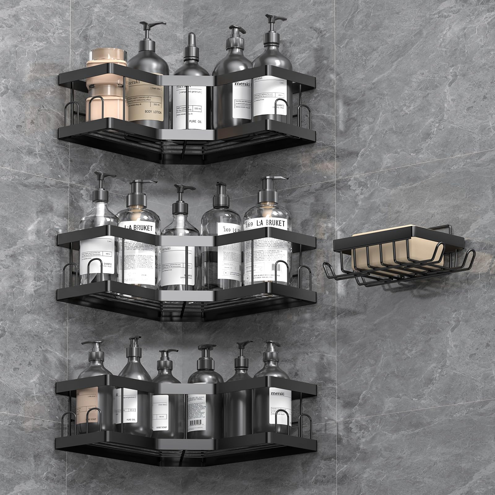 AceMining Shower Caddy, 4 Pack Black (SML+1) Bathroom Shelves, Adhesive Shelf Storage No Drilling, Carbon Steel Shower Organiser, Rust-Resistant Caddy