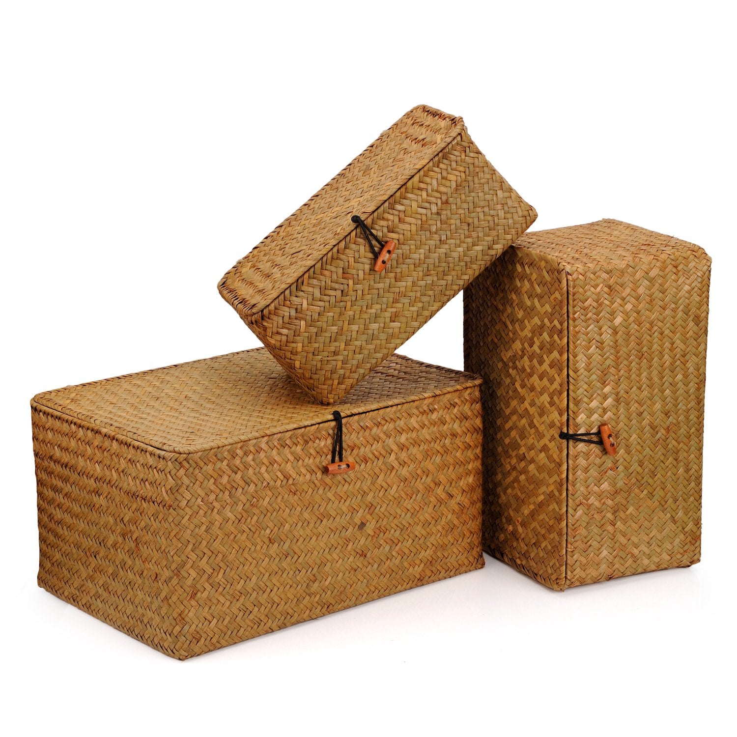 Seagrass Storage Baskets with Lid Natural Rattan Woven Rectangular Organizer Box Set of 3 (Large+Medium+Small)
