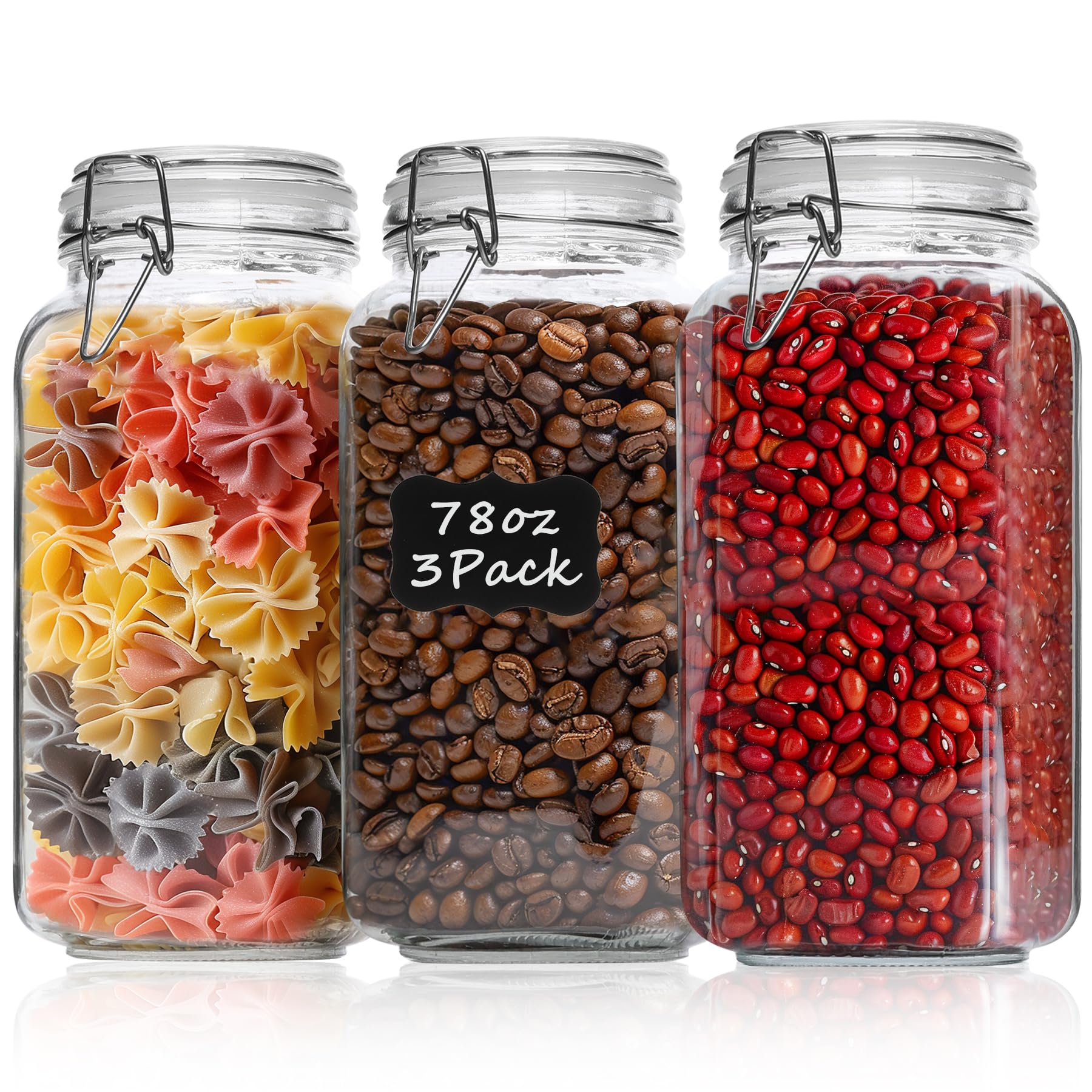 ComSaf Glass Storage Jars with Lids 2300ML Food Canisters Set of 3 - Airtight Clear Preserving Seal Wide Mouth Containers with Wire Clip Fastening for