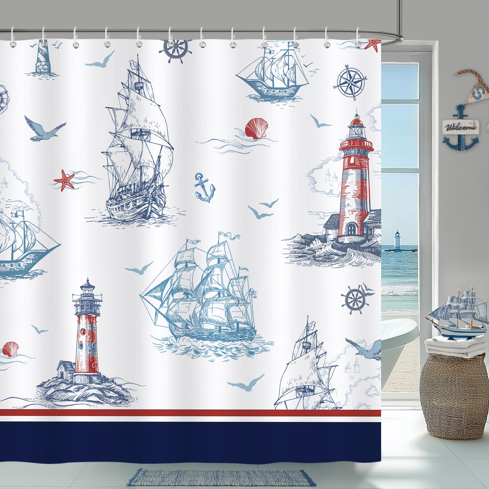 Bonhause Nautical Coastal Shower Curtain, Sailboat Lighthouse Anchor Blue Bathroom Curtain 180 x 180 cm Waterproof Mildew and Mould Resistant