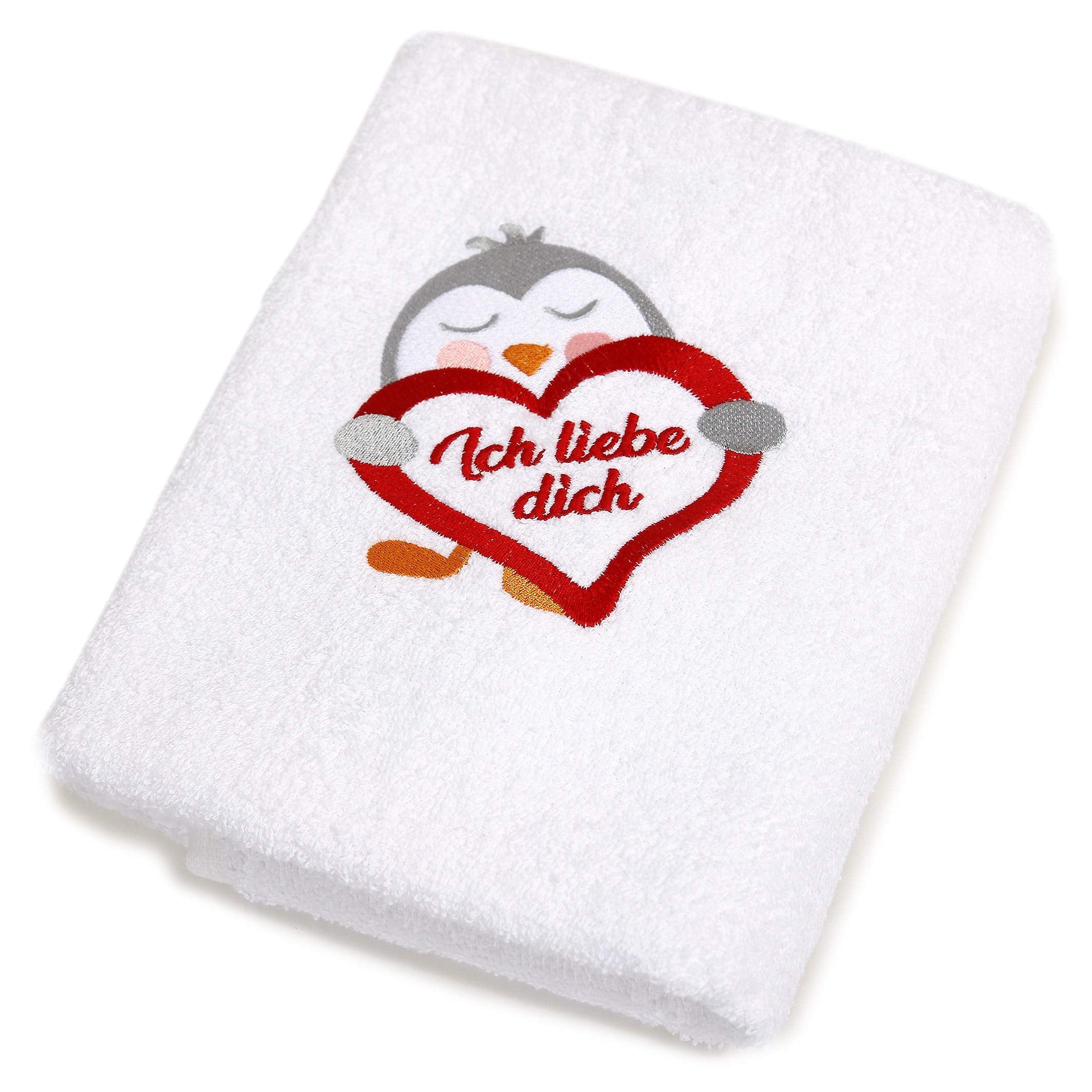 Abc Casa White towel with penguin and heart I love you romantic gifts for birthday, anniversary, wedding anniversary, Valentine's Day, Mother's Day,