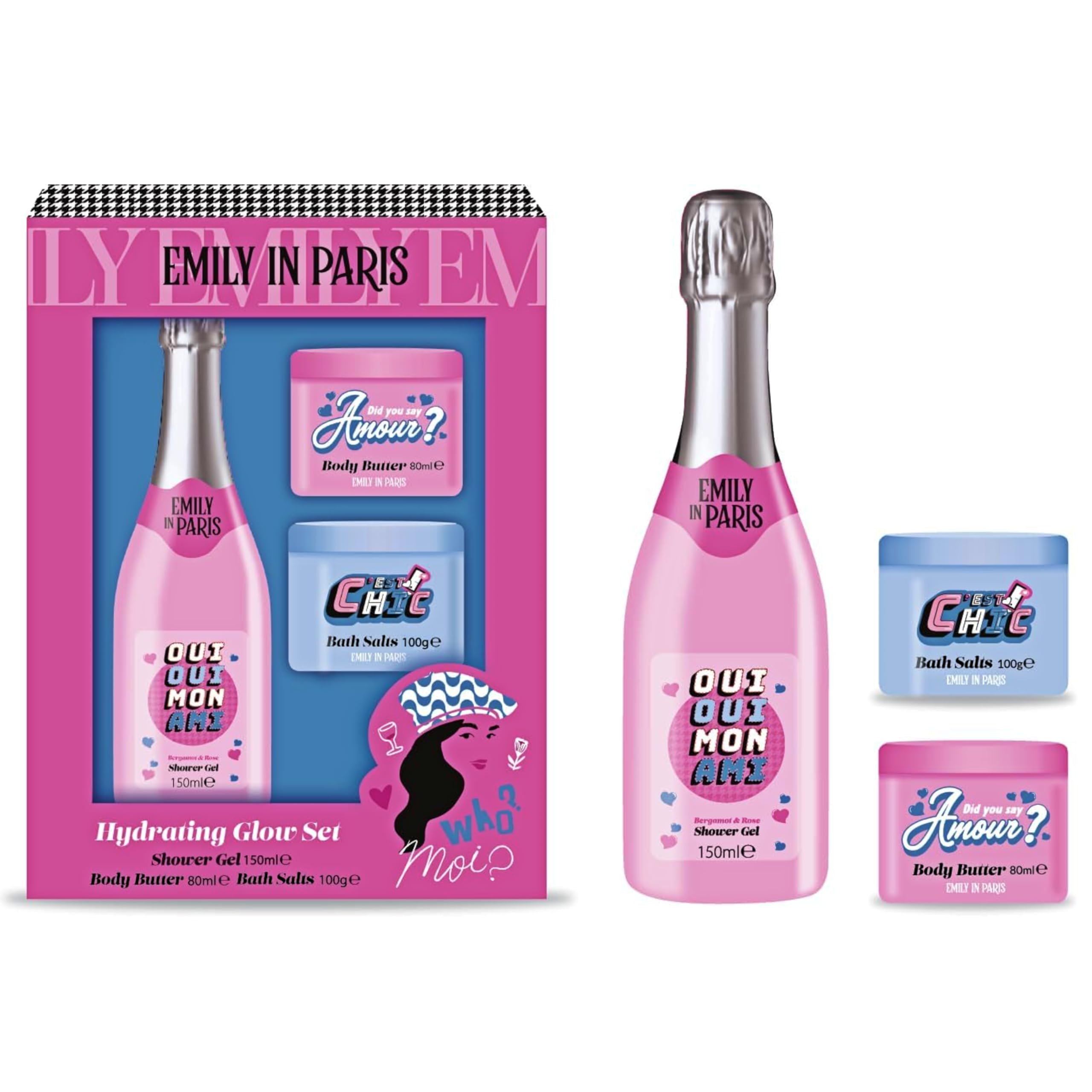 EMILY IN PARIS 150ML SHIMMER SHOWER GEL, 80ML BODY BUTTER, 100G BATH SALTS