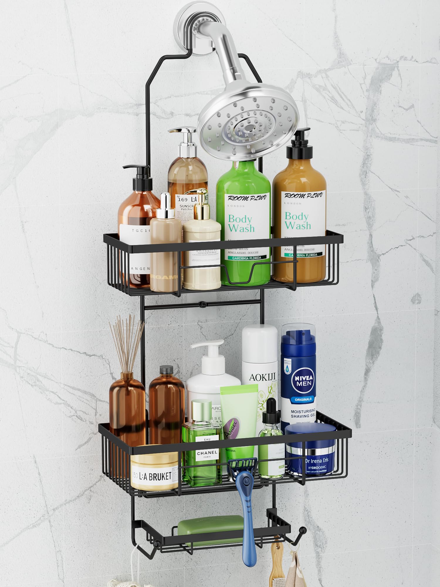 Mutool Hanging Caddy, 3 Tier Storage Shelf with Soap Dish, Over Head Storage No Drilling Shelf (Black)