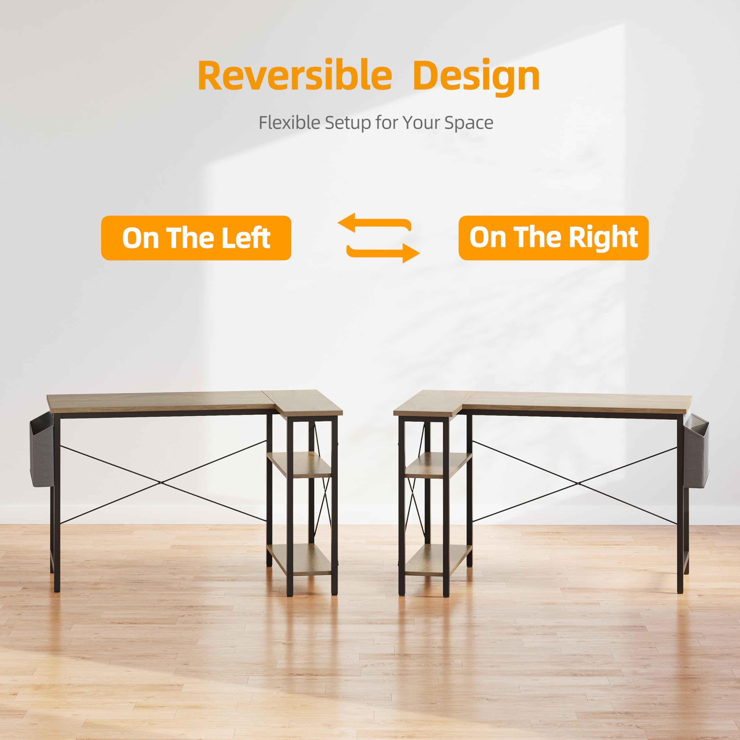 BEXEVUE L Shaped Corner Desk - 100x70 cm Study Office Gaming Desk, Computer Desk Small Writing Table, Large Reversible Storage Shelves, Bookshelf