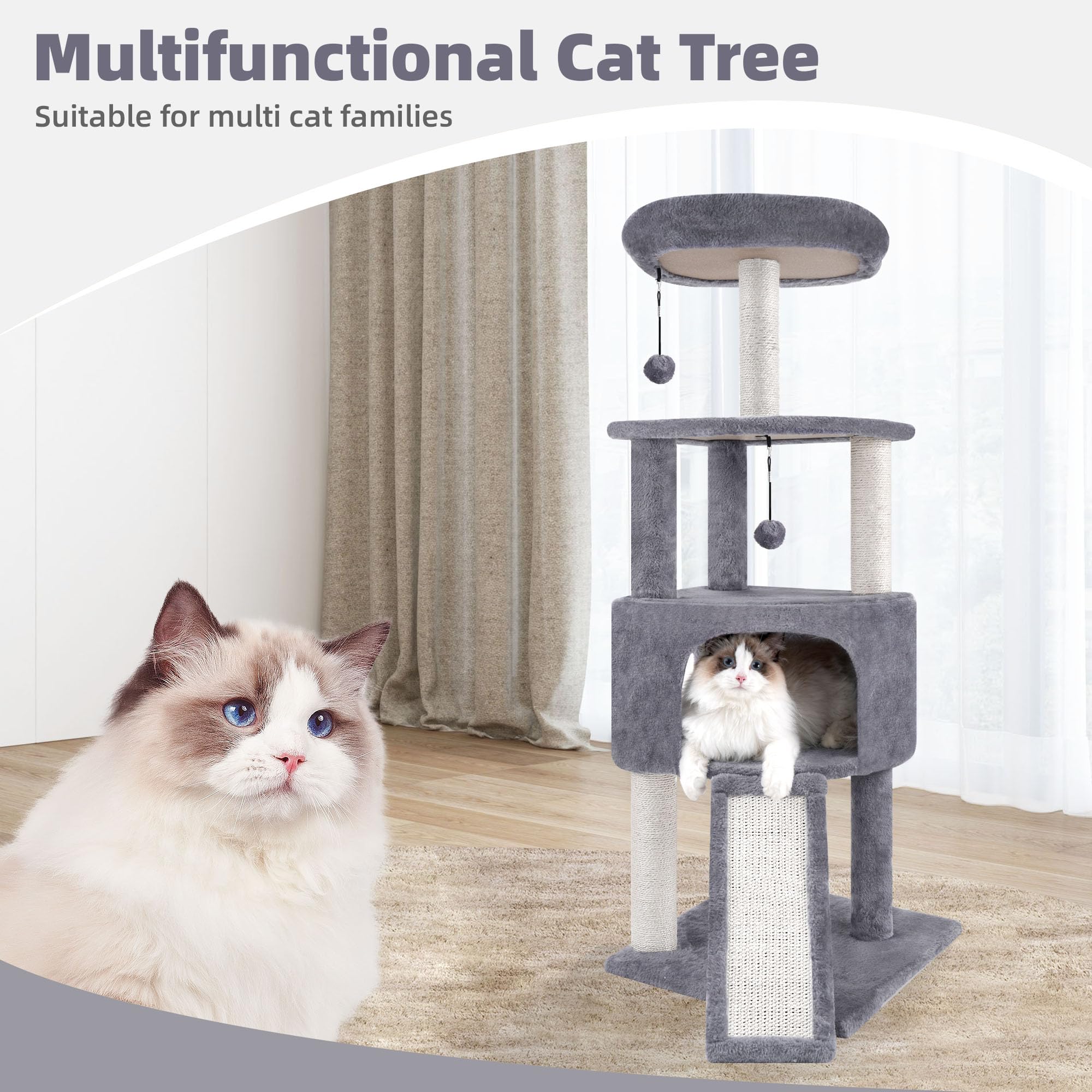 TWDEPART Cat Tree Tower with Scratching Posts & Condo, Climbing Activity Centre with Hanging Balls, Grey