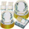 Sage Green Paper Tableware Set, CEILIWEN 125PCS Green Paper Plates Set, Green and Gold Eucalyptus Leaf Party Dinnerware Set Include 9'' Dinner Plates,