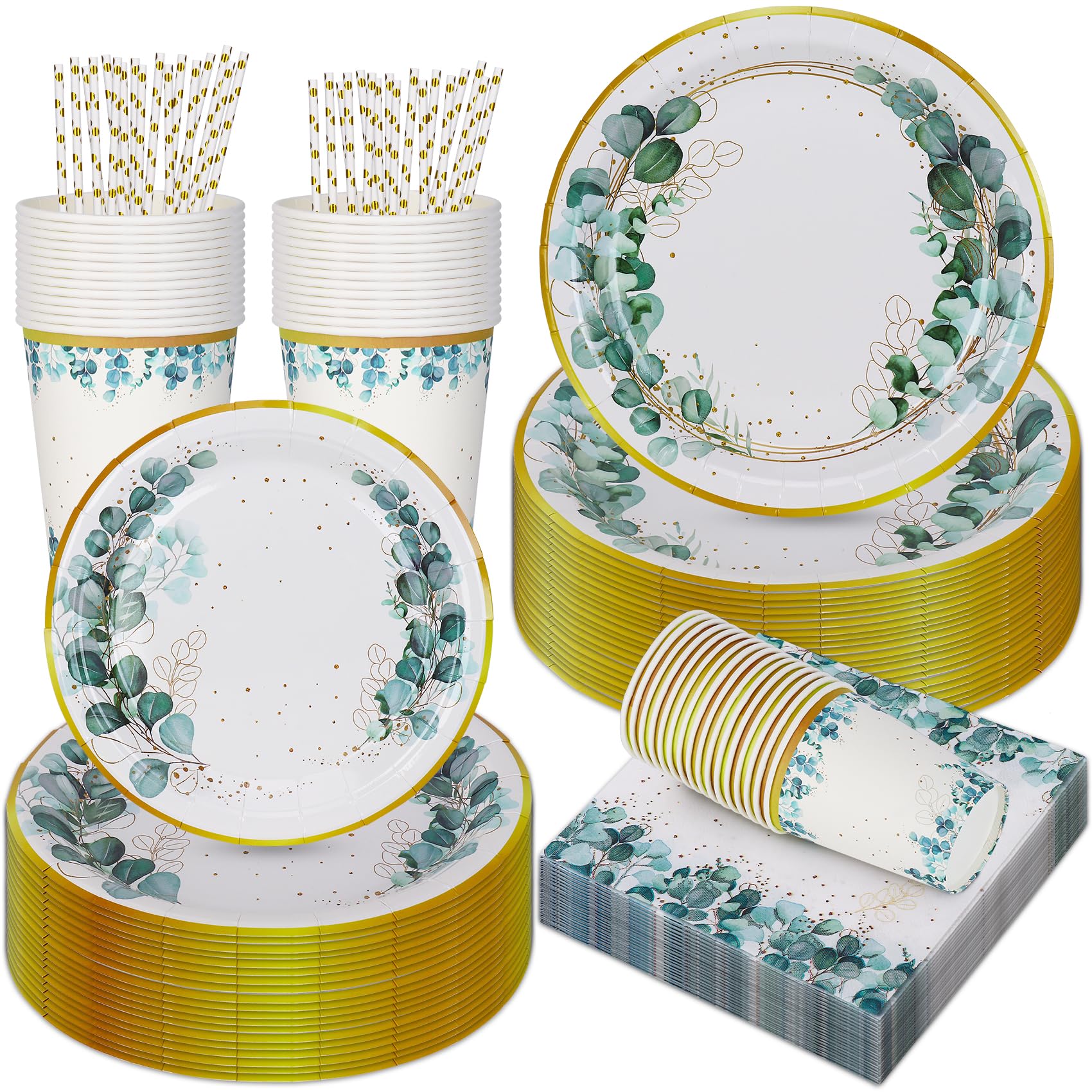 Sage Green Paper Tableware Set, CEILIWEN 125PCS Green Paper Plates Set, Green and Gold Eucalyptus Leaf Party Dinnerware Set Include 9'' Dinner Plates,