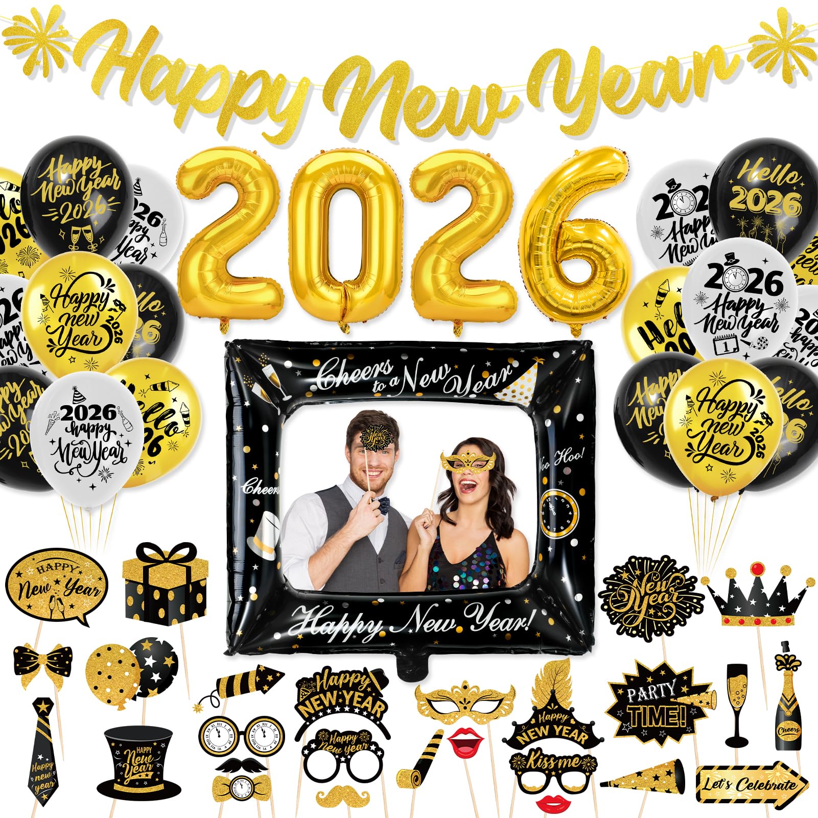 HOWAF New Years Eve Decorations 2026 Balloons Foil Balloons, Happy New Year Banner, Photo Booth Props Frame Foil Balloon for NYE Party Decorations