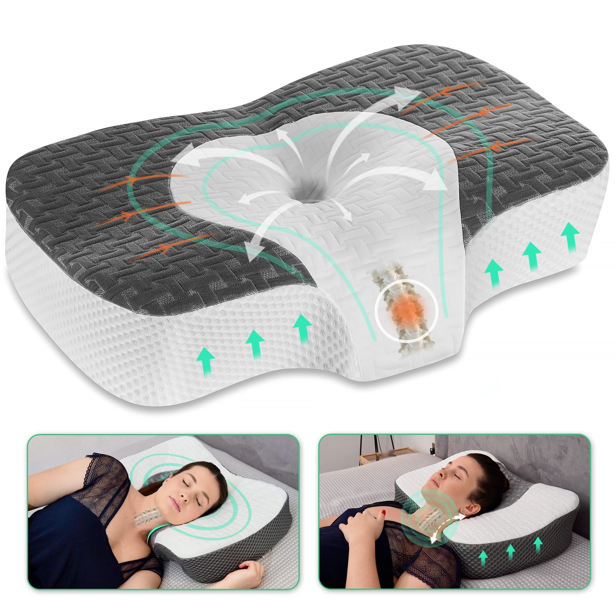 Elviros Cervical Memory Foam Neck Pillow for Side Sleeping, Orthopedic Pillows for Back and Stomach Sleepers, Adjustable Ergonomic Bed Pillow Pain