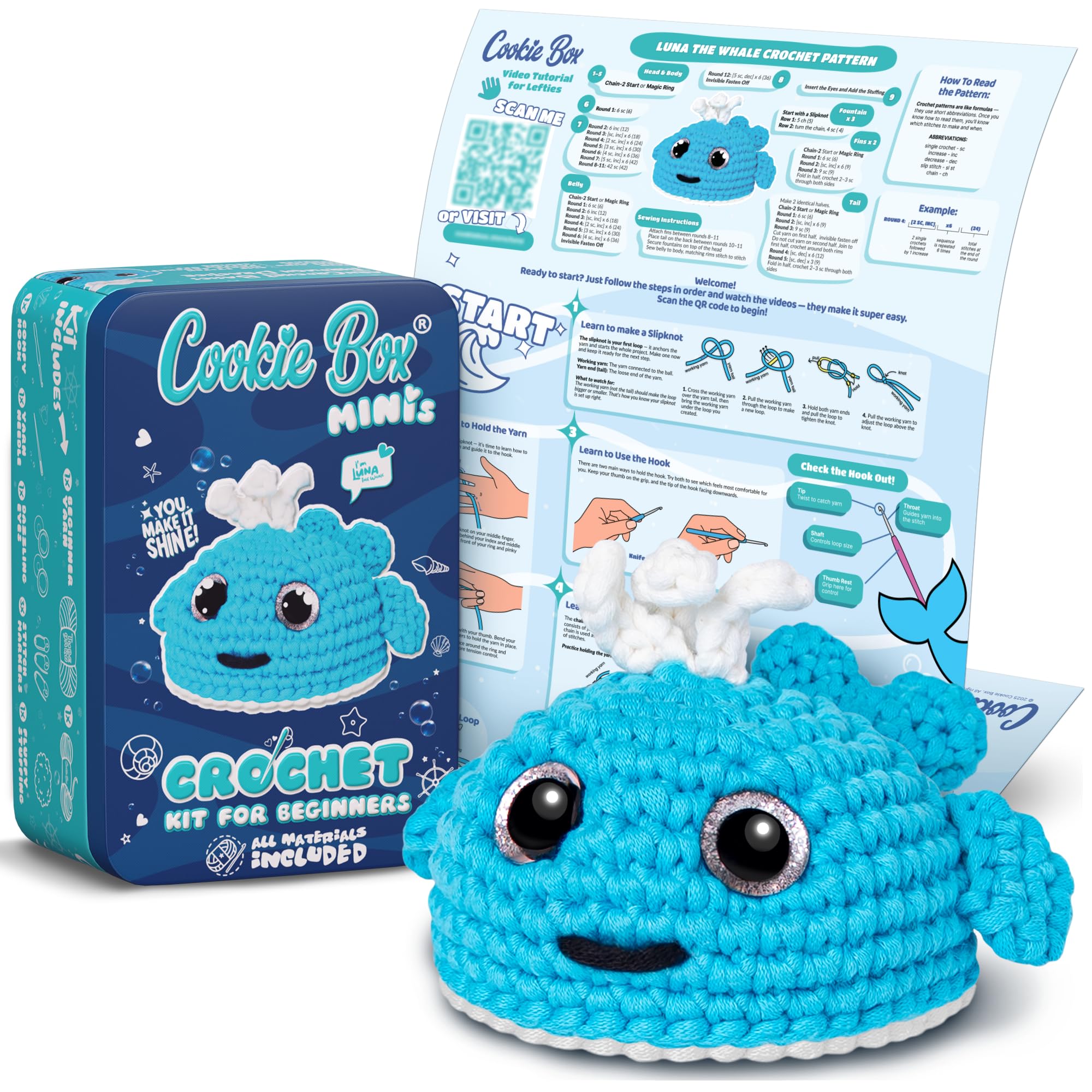 Cookie Box MINIs Crochet Kit for Beginners ? Gift Set to Make Whale Luna Amigurumi Plushie ? Easy DIY Crochet & Knitting Starter Kit with Printed