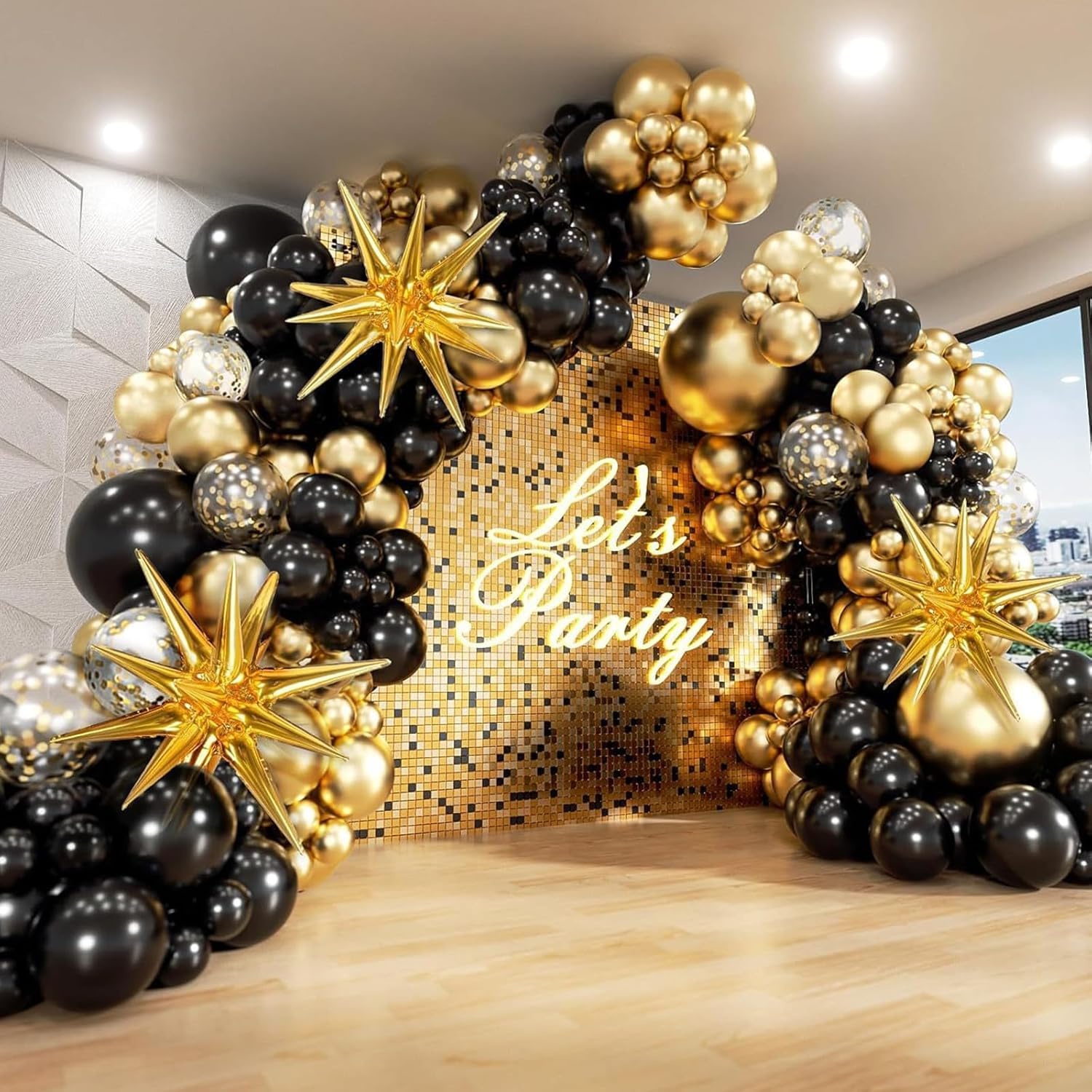 231Pcs Black and Gold Balloon Arch Kit with Foil Star Balloons, Birthday, New Years Eve Party Decorations, Confetti Latex Balloons for Graduation -