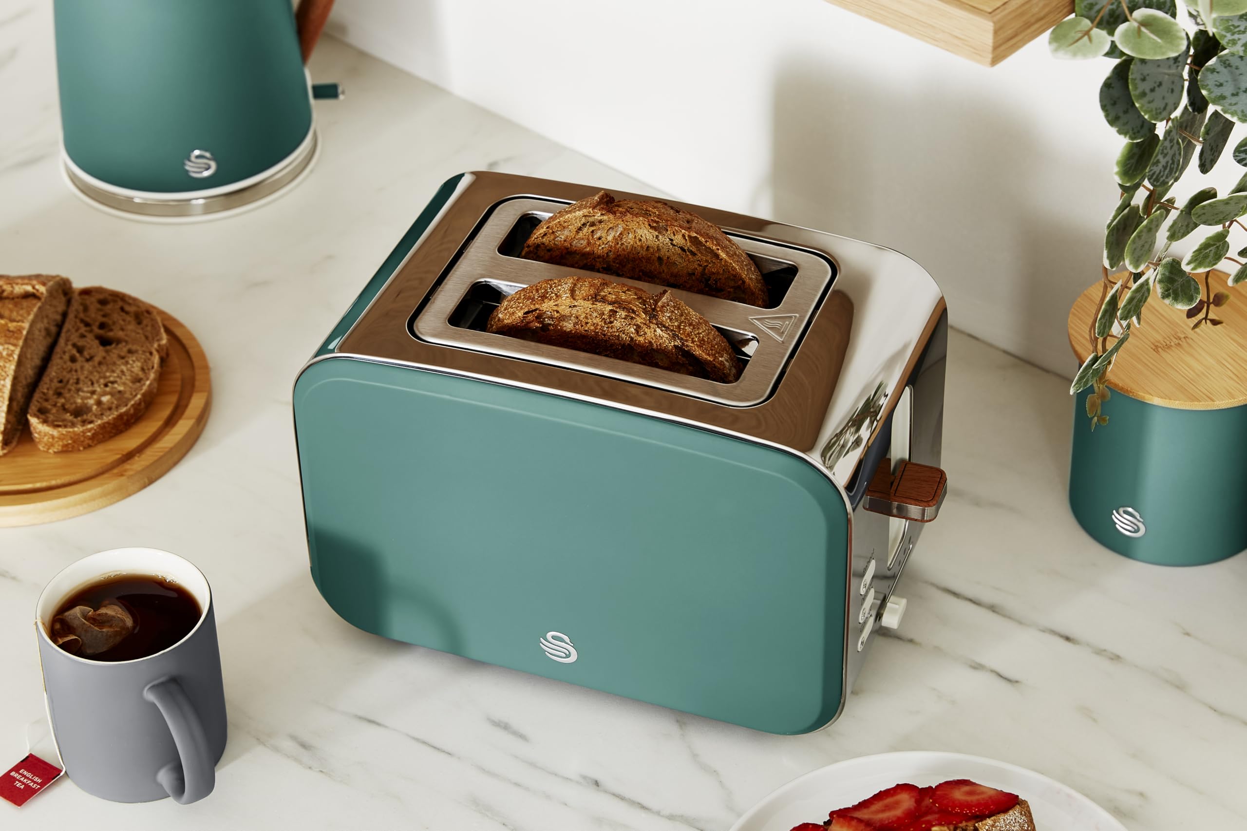 Swan ST14610GREN Nordic 2-Slice Toaster with Defrost/Reheat/Cancel Functions, Cord Storage, 900W, Green