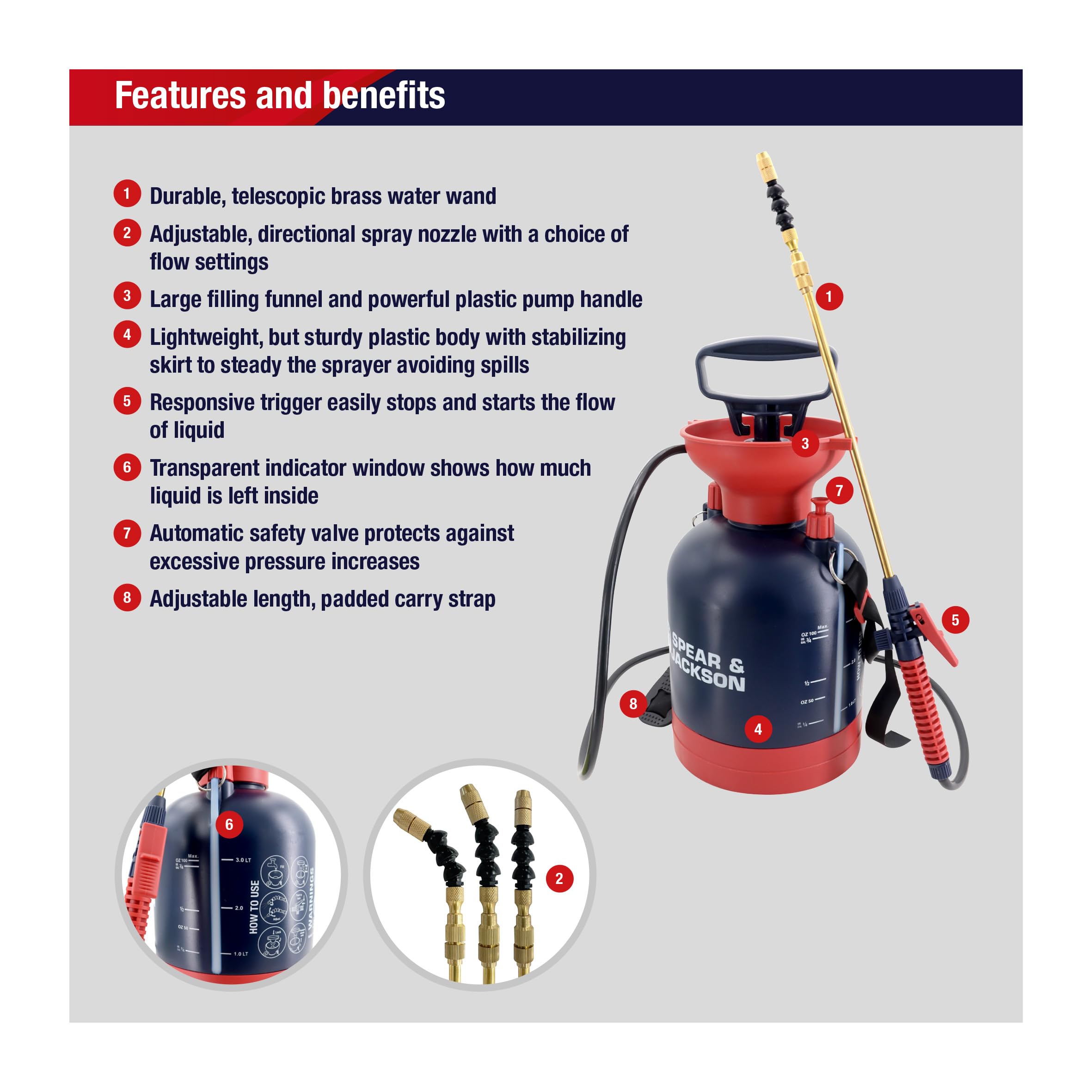 Spear & Jackson 3LPUMP 3 Litre General Purpose Pump Action Pressure Sprayer, Red & Blue