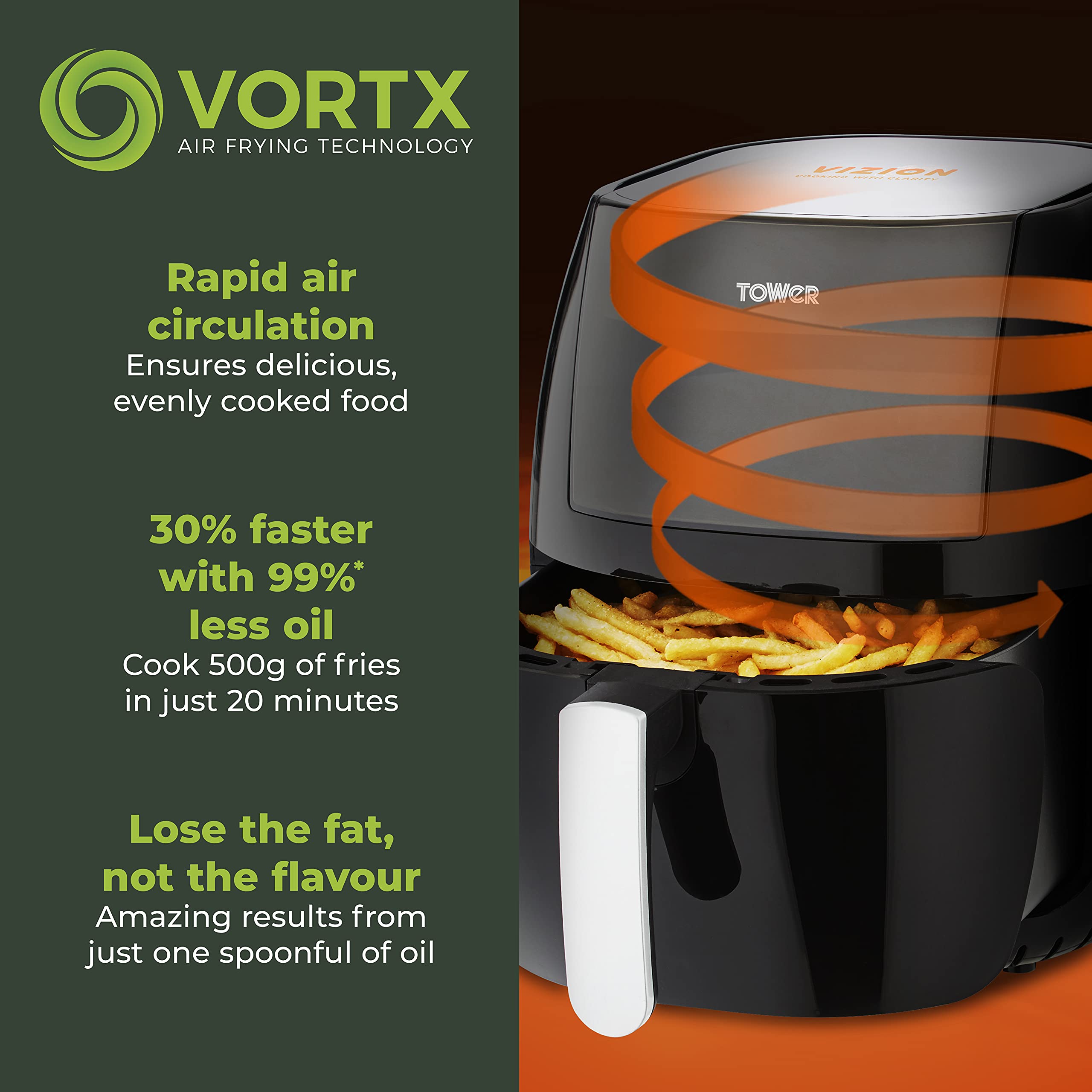 Tower T17072 Vortx Vizion Digital Air Fryer with Rapid Air Circulation, 7L, 1800W, Black