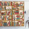 ABAKUHAUS Cat Shower Curtain, Nerd Book Lover Kitty Sleeping over Bookshelf Library Academics Feline Boho Design, Cloth Fabric Bathroom Decor Set with