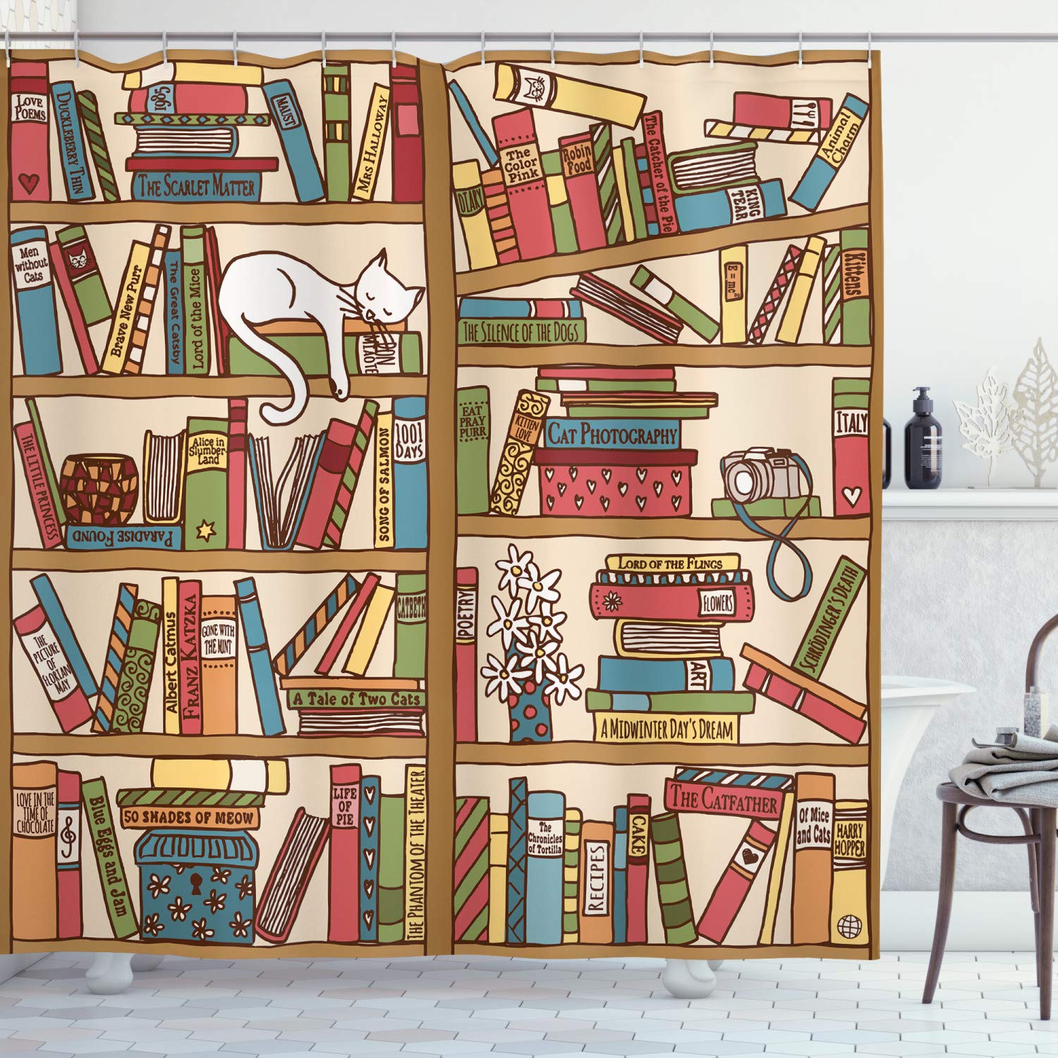 ABAKUHAUS Cat Shower Curtain, Nerd Book Lover Kitty Sleeping over Bookshelf Library Academics Feline Boho Design, Cloth Fabric Bathroom Decor Set with