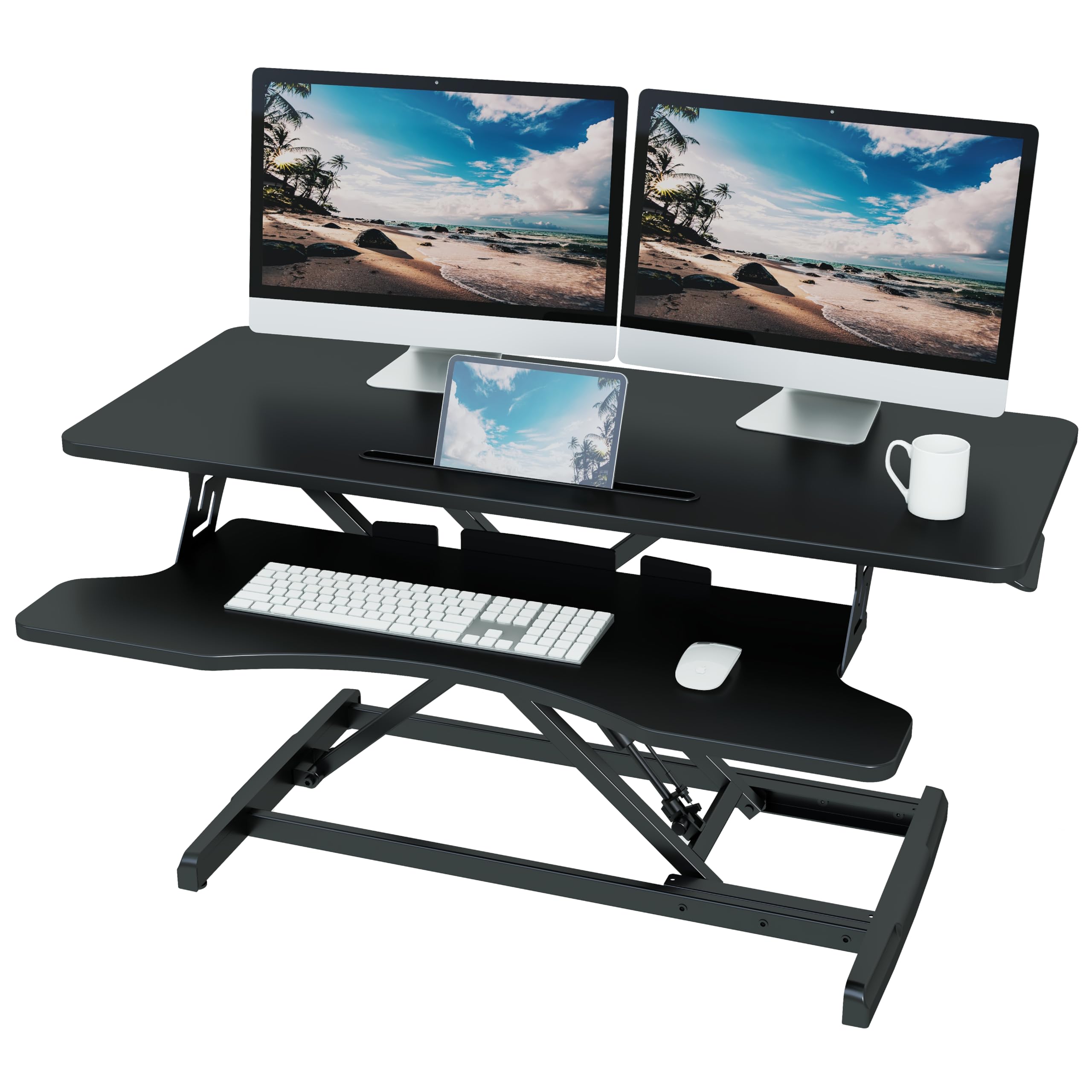 Lubvlook Standing Desk Converter, 37.4"/95cm Wide Height Adjustable Sit Stand Desk Riser for Dual Monitors with Keyboard Tray, Black