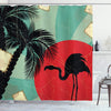 ABAKUHAUS Tropical Shower Curtain, Retro Style Grunge Hawaiian Composition with Flamingo Silhouette and Palm Trees, Cloth Fabric Bathroom Decor Set