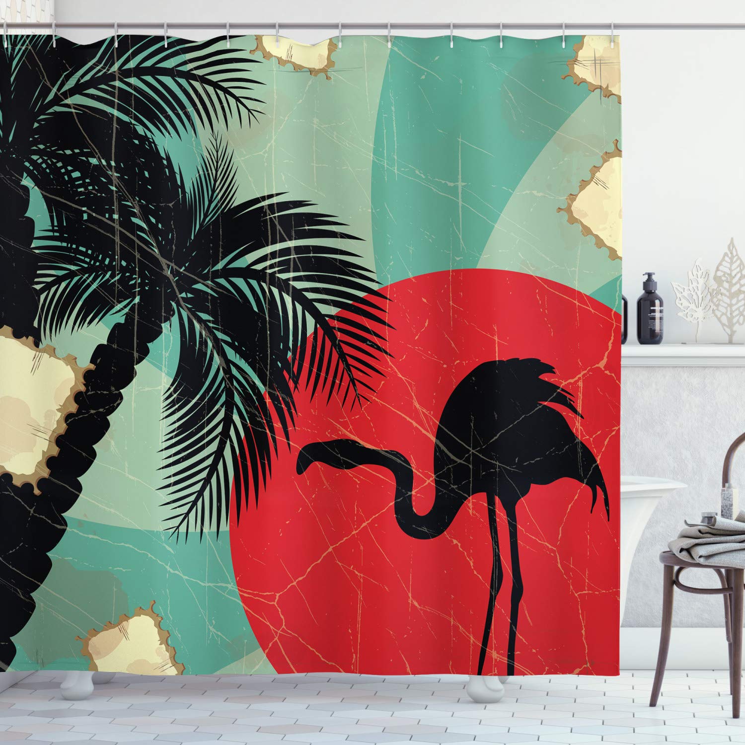 ABAKUHAUS Tropical Shower Curtain, Retro Style Grunge Hawaiian Composition with Flamingo Silhouette and Palm Trees, Cloth Fabric Bathroom Decor Set