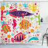 ABAKUHAUS Sea Animals Shower Curtain, Cartoon Art Fish Seahorse Starfish Dolphin Coral Underwater Life Kids, Cloth Fabric Bathroom Decor Set with